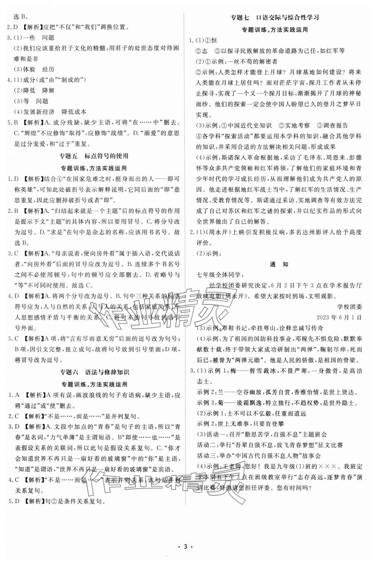 2025年初中總復習手冊中國石油大學出版社語文 參考答案第2頁