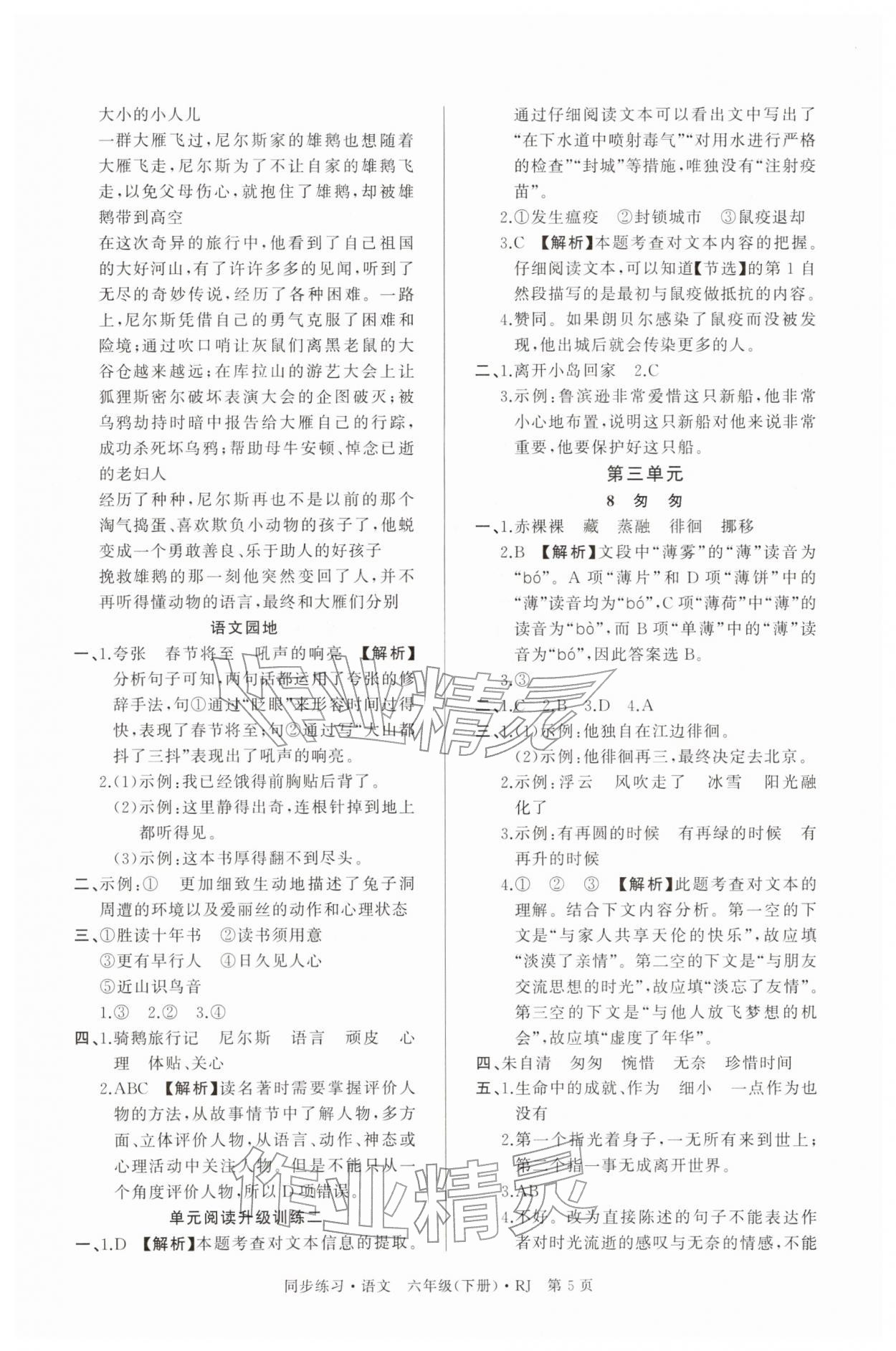 2026年鼎尖同步练习六年级语文下册人教版&nbsp;第5页