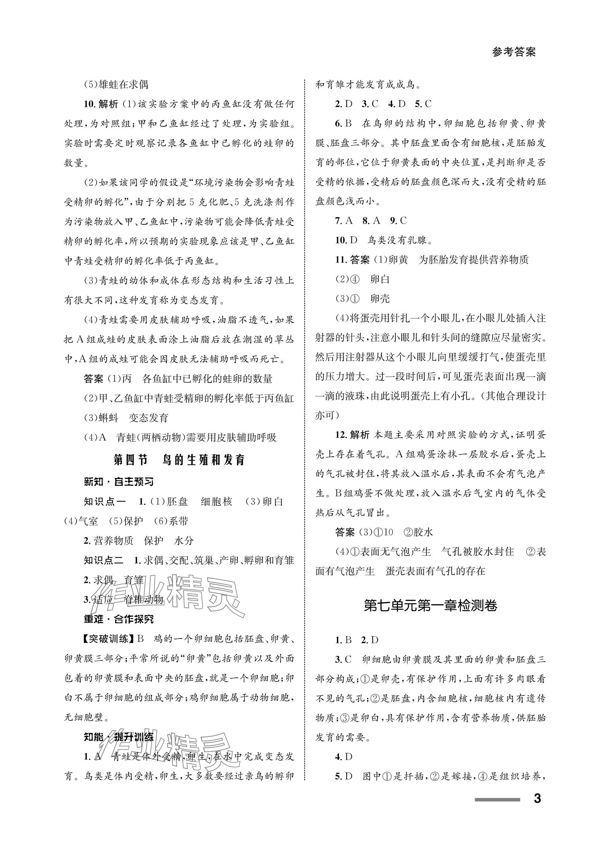 2025年配套綜合練習甘肅八年級生物下冊人教版 參考答案第3頁
