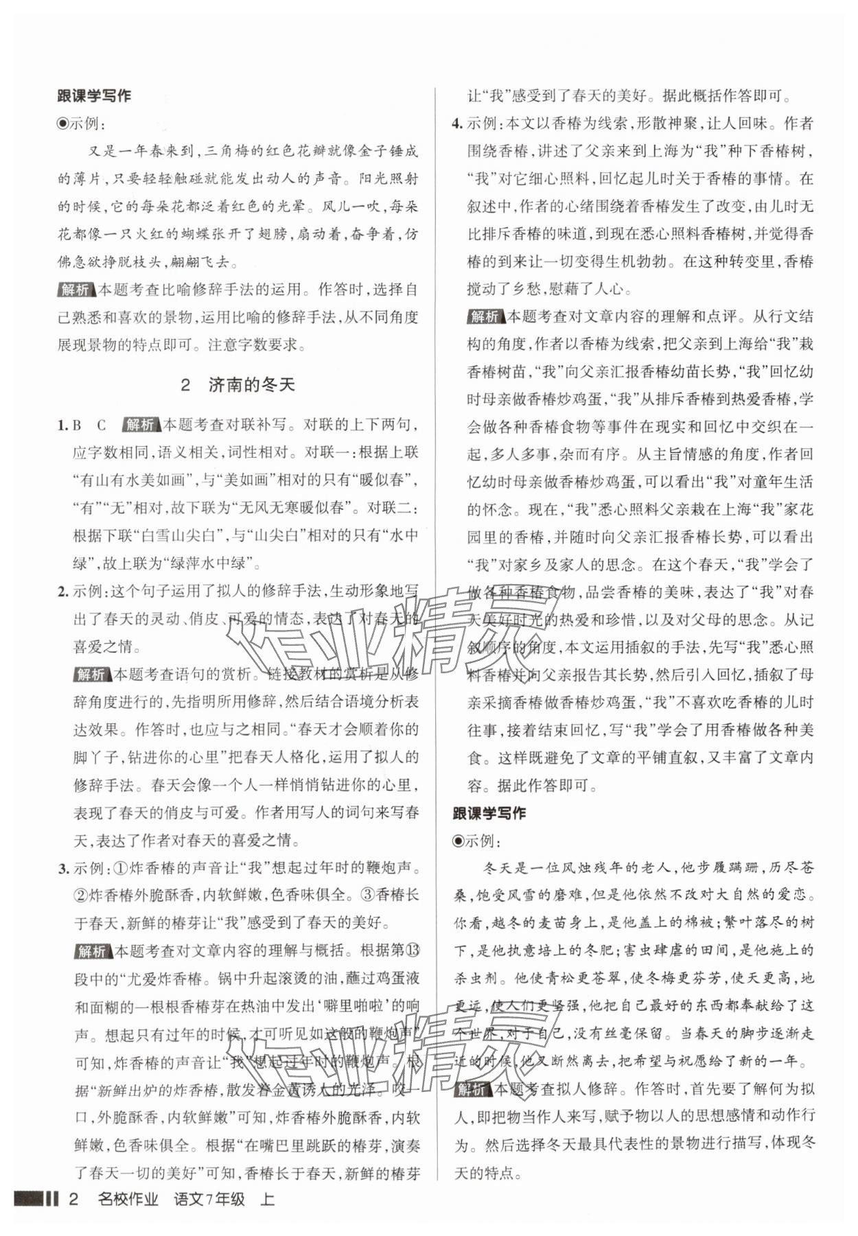 2025年名校作业七年级语文上册人教版山西专版 参考答案第2页