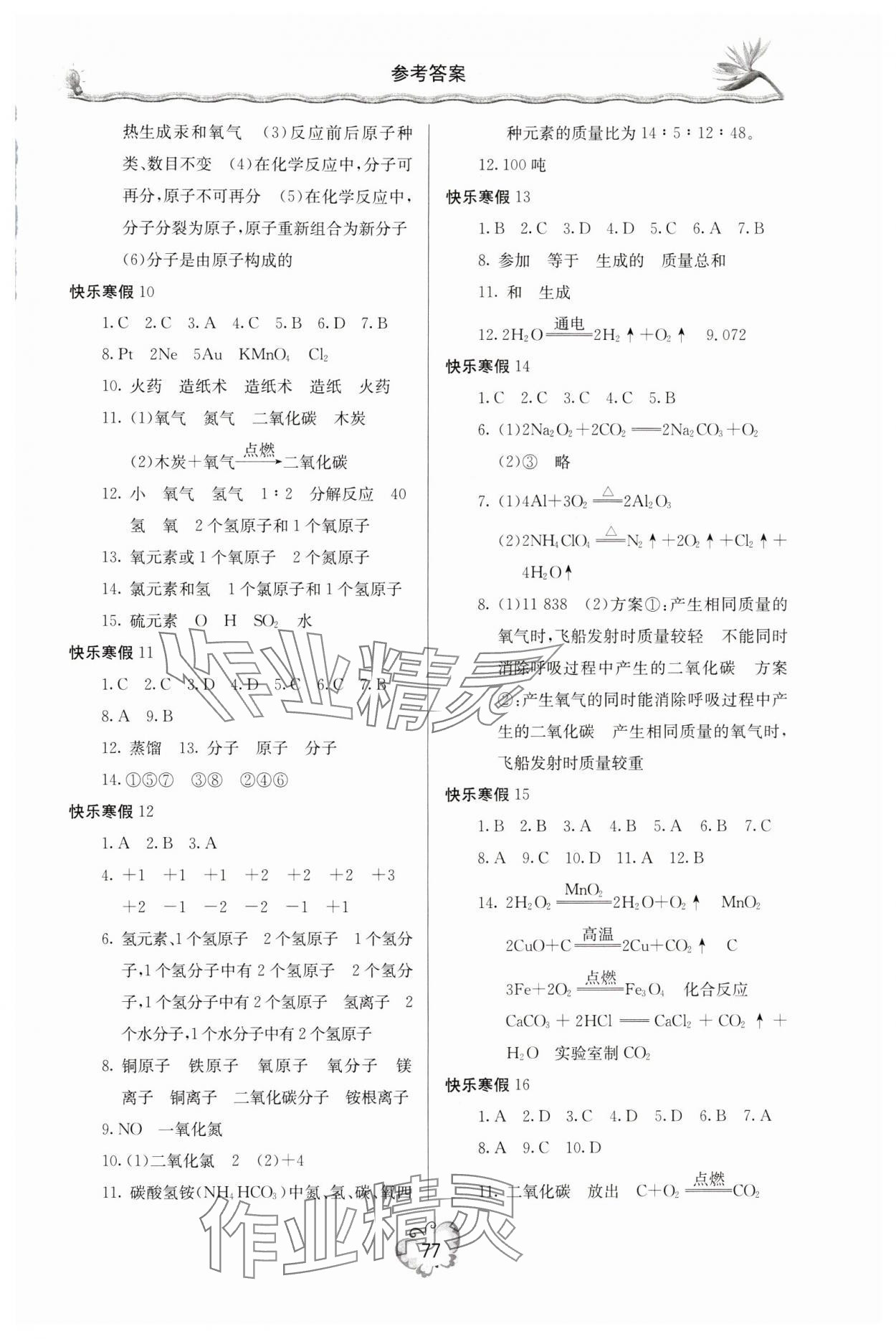 2024年新课堂寒假生活九年级化学人教版 参考答案第2页