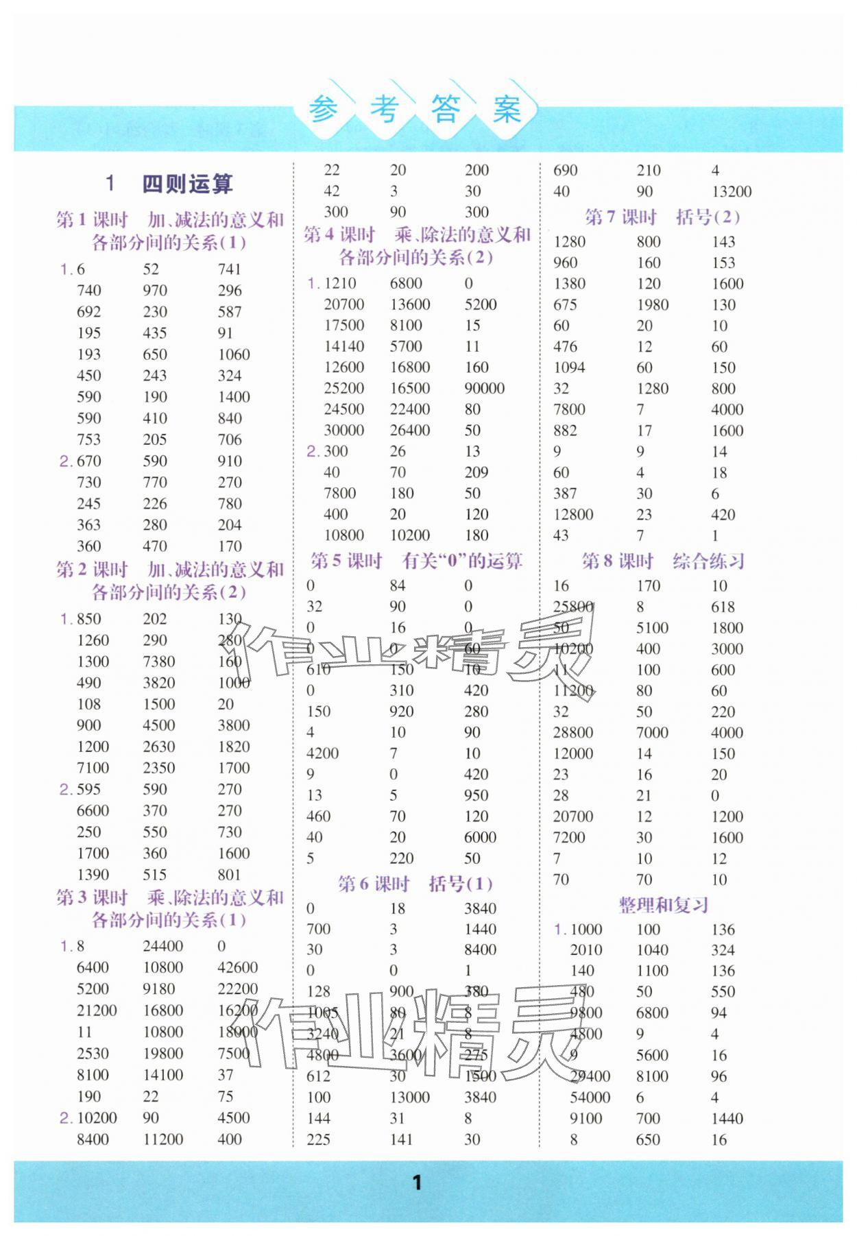 2025年口算運算力測評四年級數(shù)學下冊人教版 參考答案第1頁