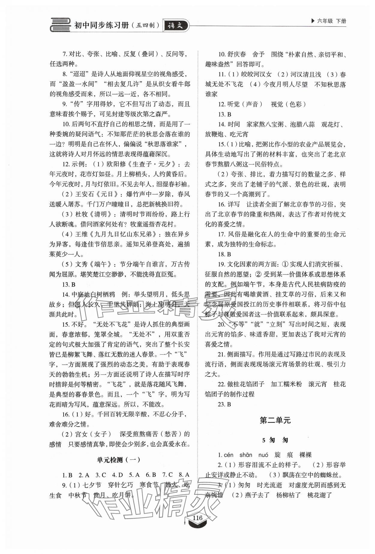 2024年同步练习册山东教育出版社六年级语文下册人教版54制 参考答案第3页