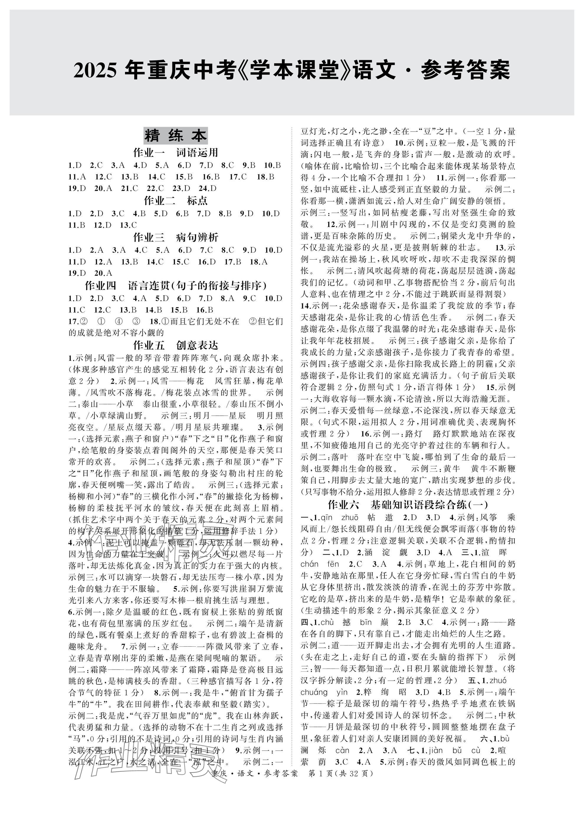 2025年學(xué)本課堂語(yǔ)文中考重慶專版 參考答案第1頁(yè)