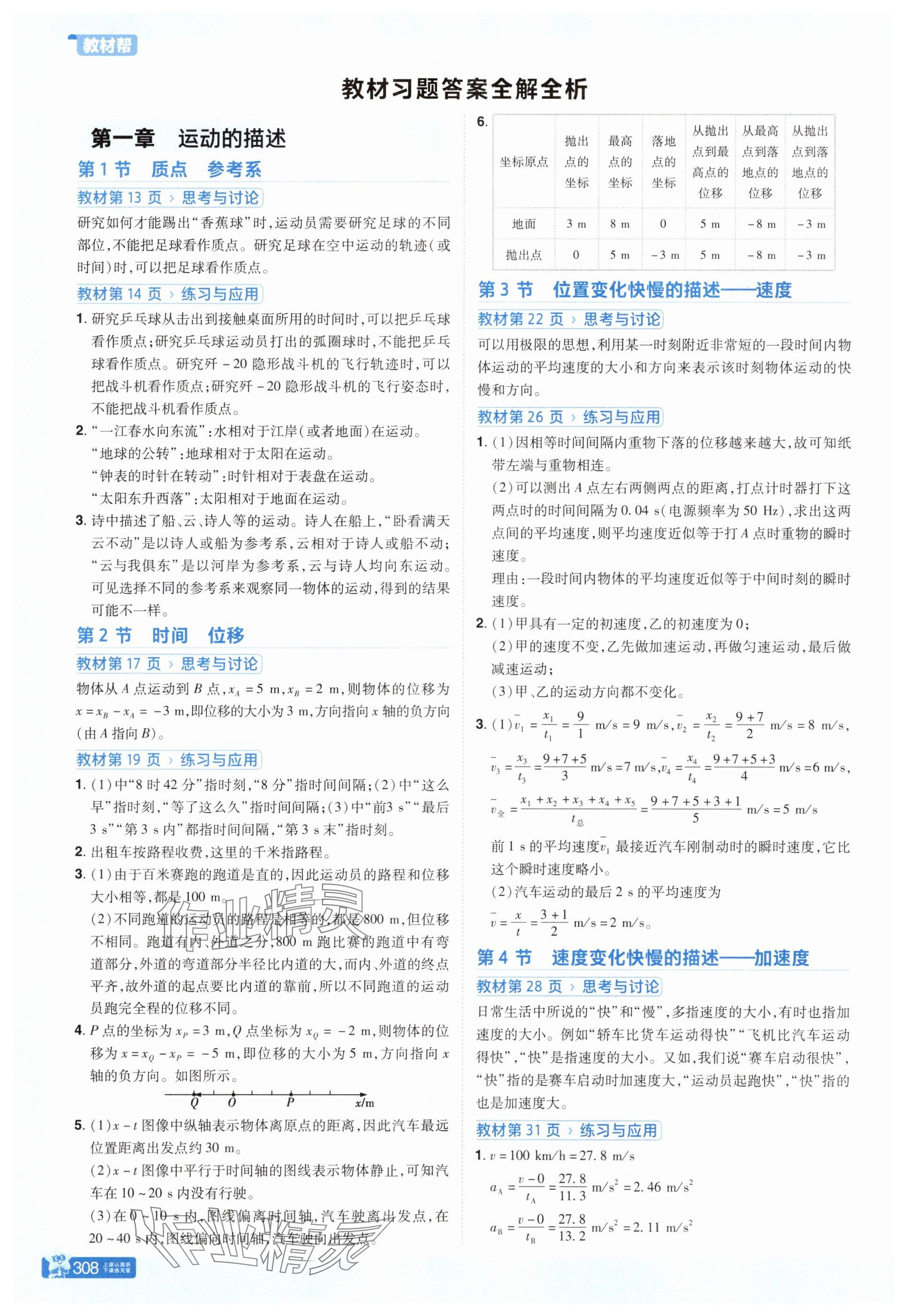 2025年教材课本高中物理必修第一册人教版 参考答案第1页