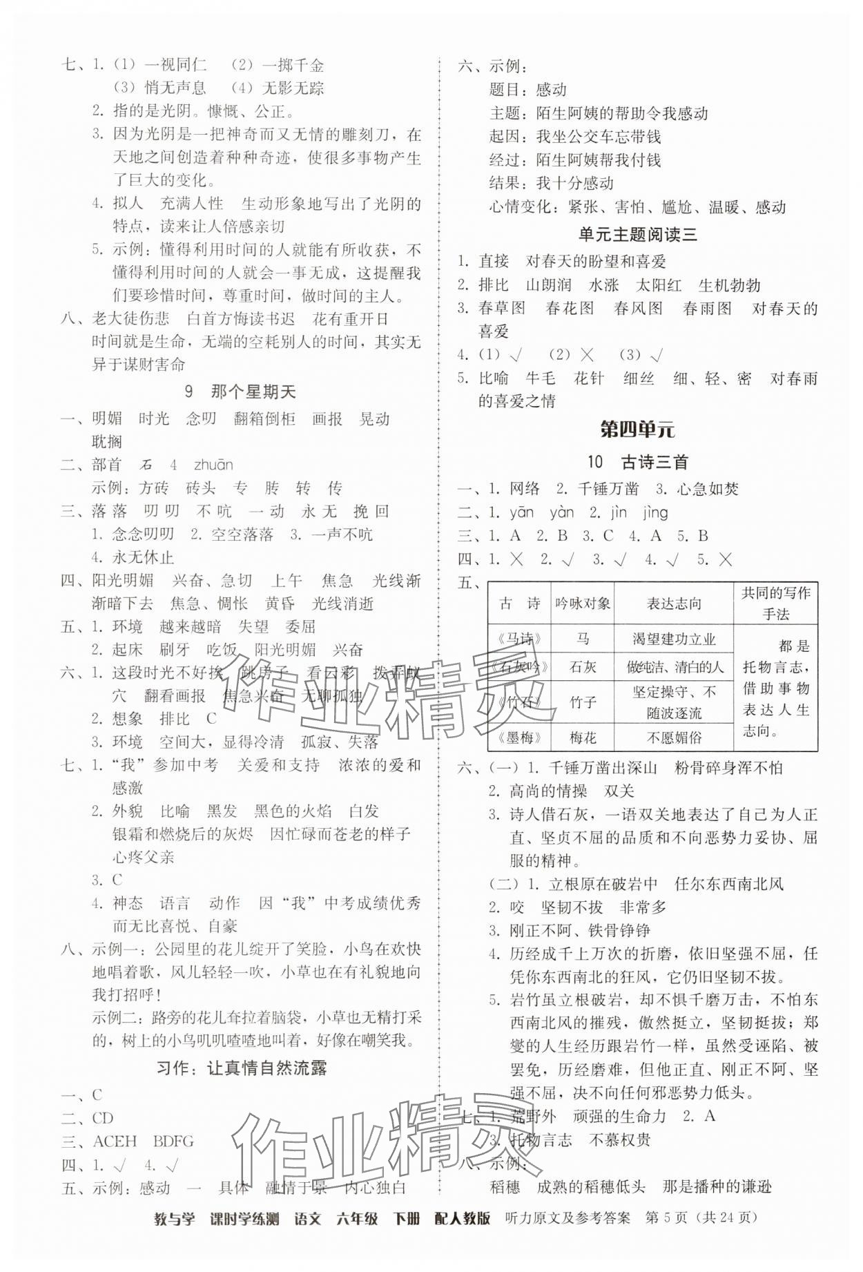 2025年教與學(xué)課時(shí)學(xué)練測(cè)六年級(jí)語文下冊(cè)人教版 參考答案第5頁