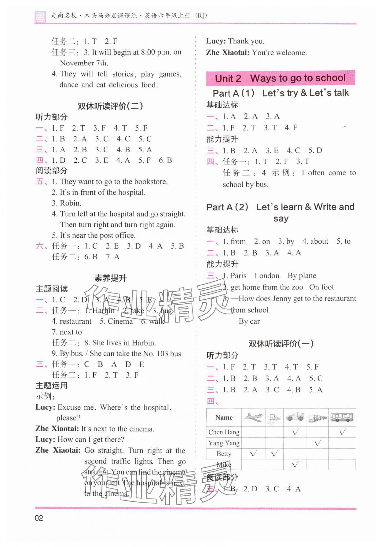 2024年木頭馬分層課課練六年級(jí)英語上冊(cè)人教版 參考答案第2頁