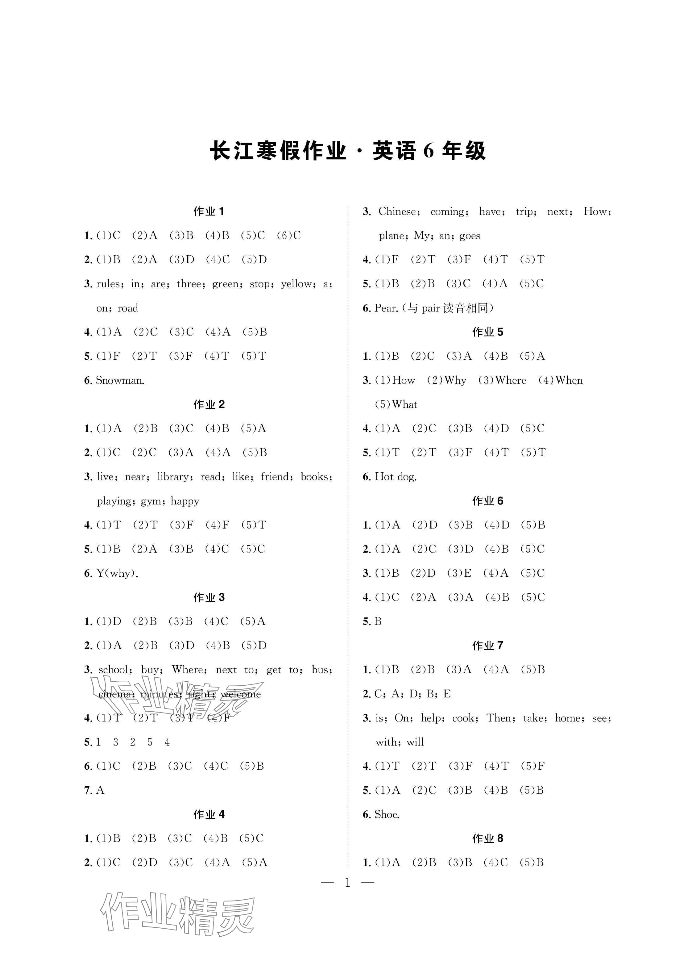 2025年長江寒假作業(yè)崇文書局六年級英語 參考答案第1頁