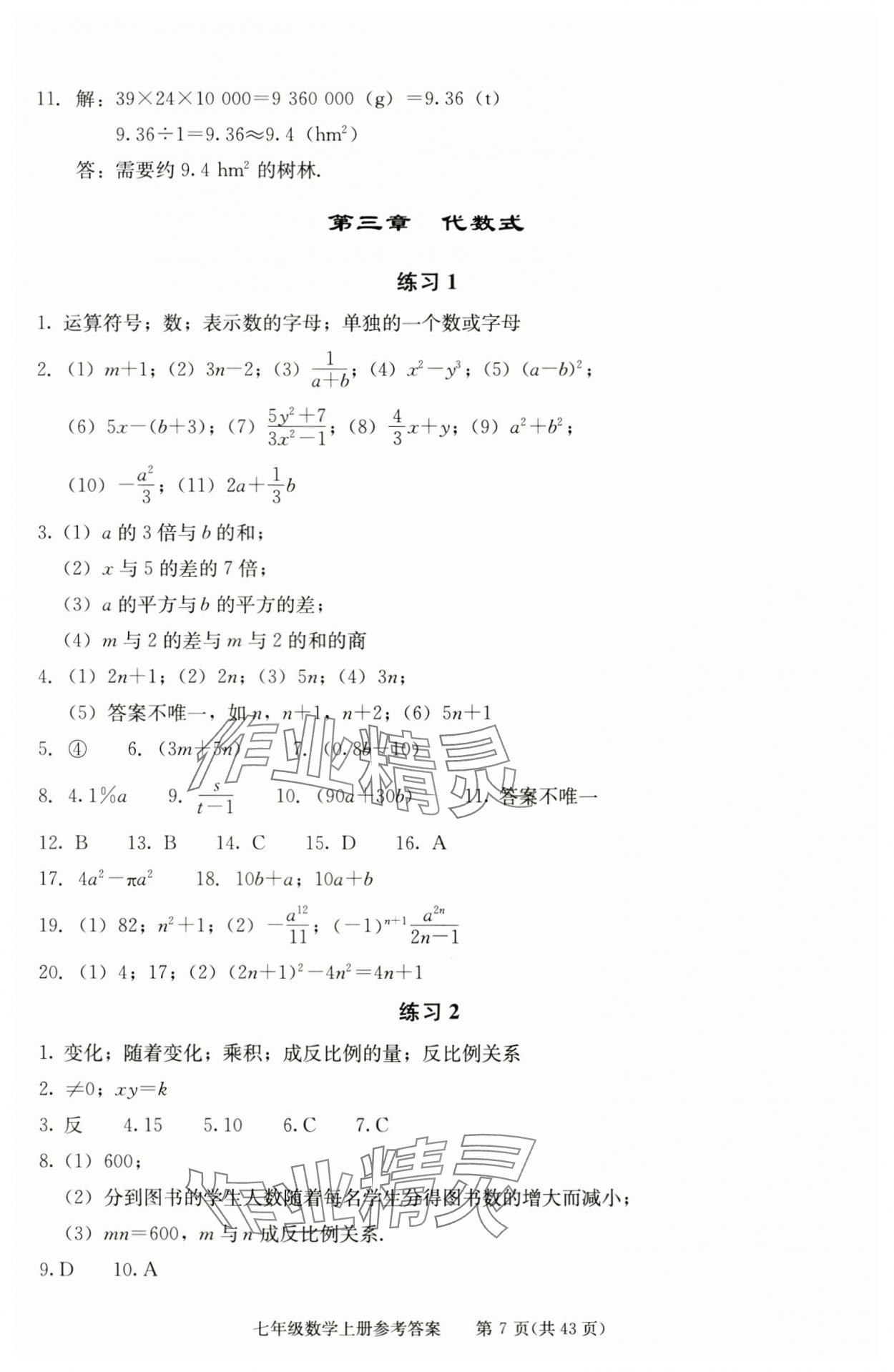 2025年学习探究诊断七年级数学上册人教版 参考答案第7页