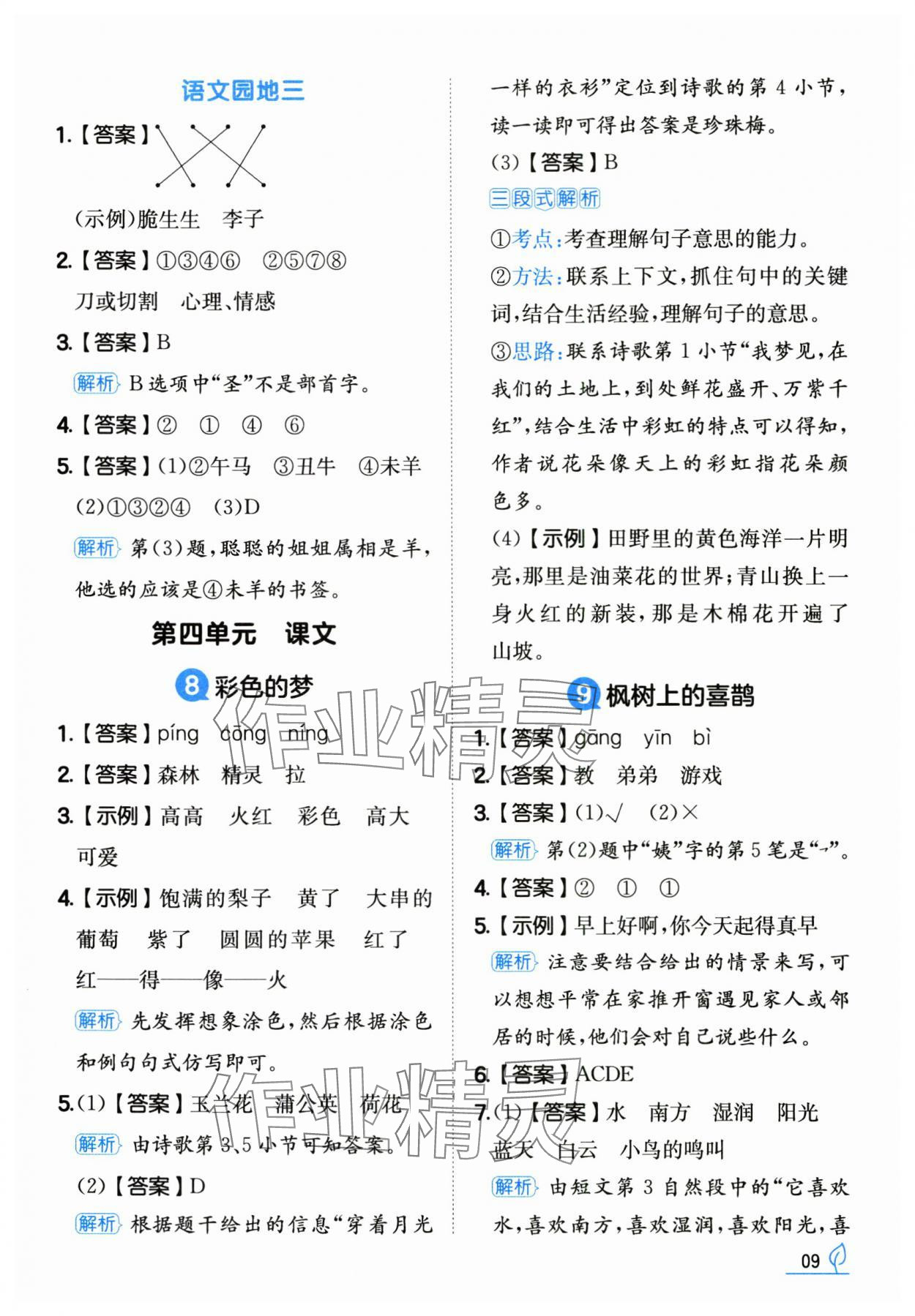 2025年一本同步訓練二年級語文下冊人教版福建專版 參考答案第9頁