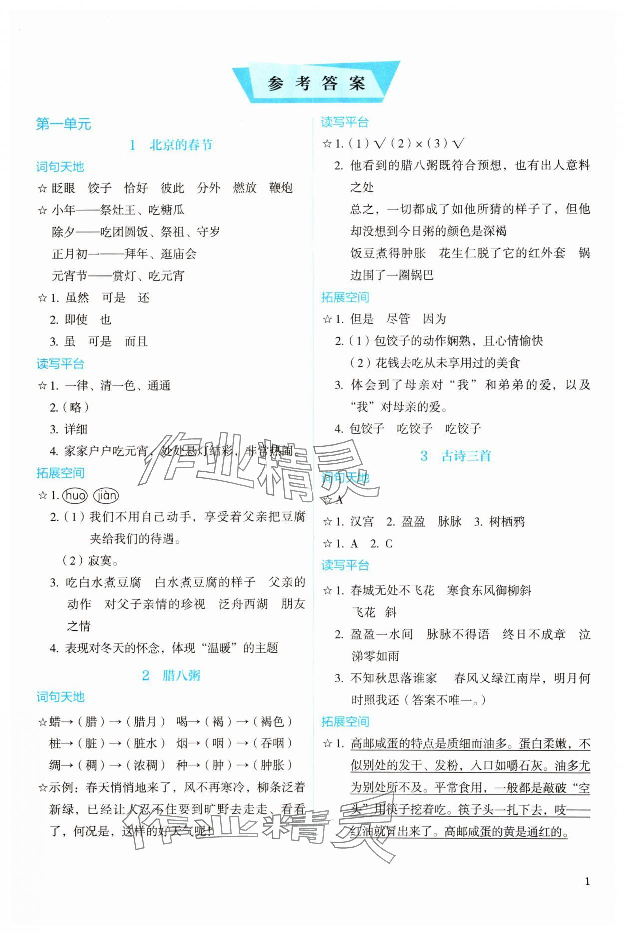 2024年人教金学典同步解析与测评六年级语文下册人教版 参考答案第1页