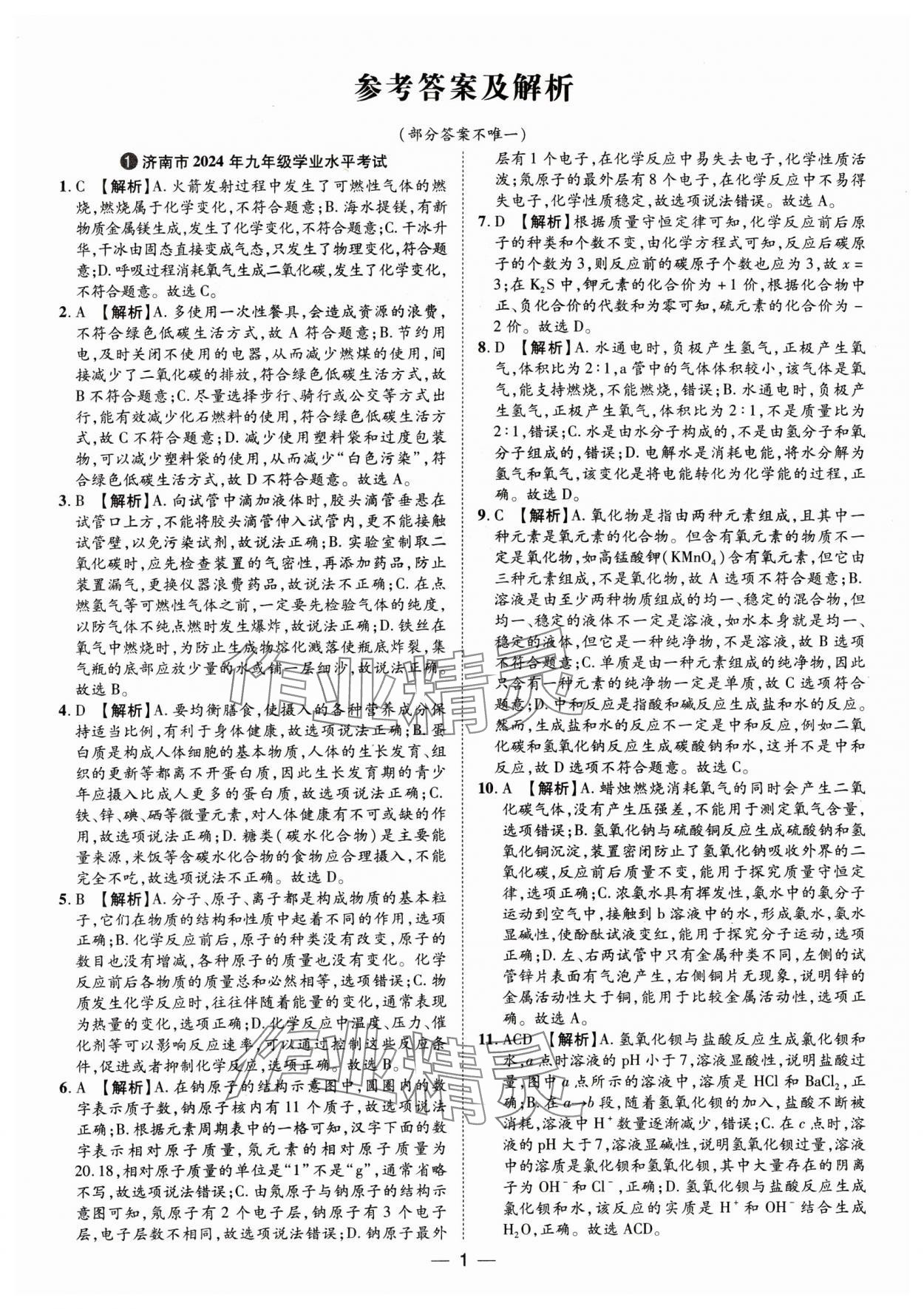 2025年魯人泰斗中考必備中考試題匯編化學(xué)山東專版 參考答案第1頁