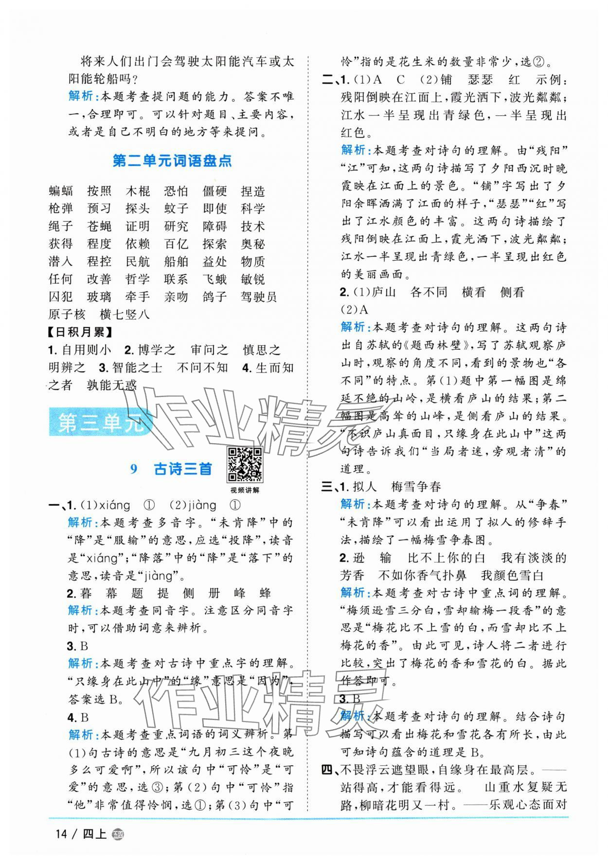 2024年阳光同学课时优化作业四年级语文上册人教版五四制 参考答案第14页