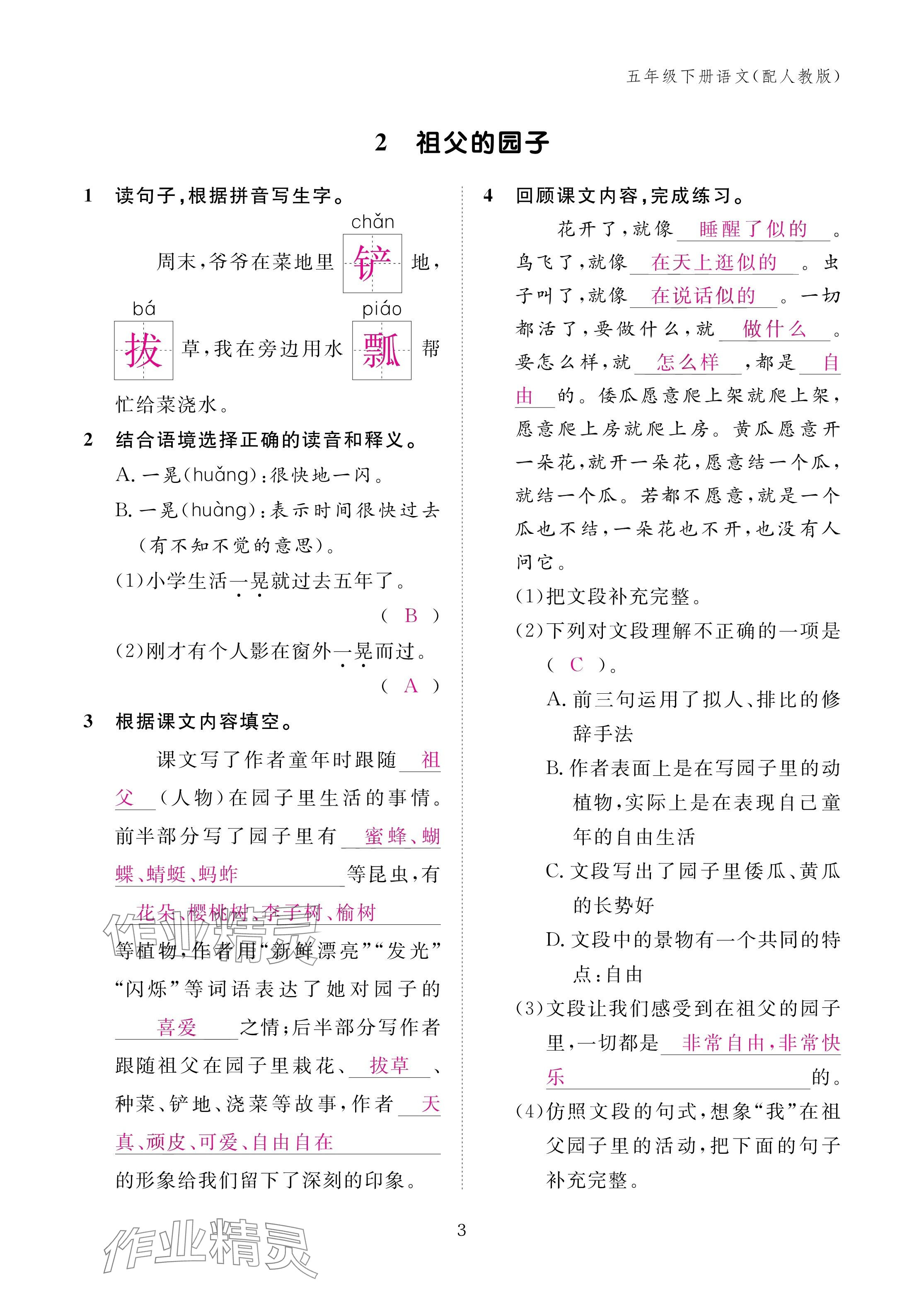 2025年作業(yè)本江西教育出版社五年級語文下冊人教版 參考答案第3頁