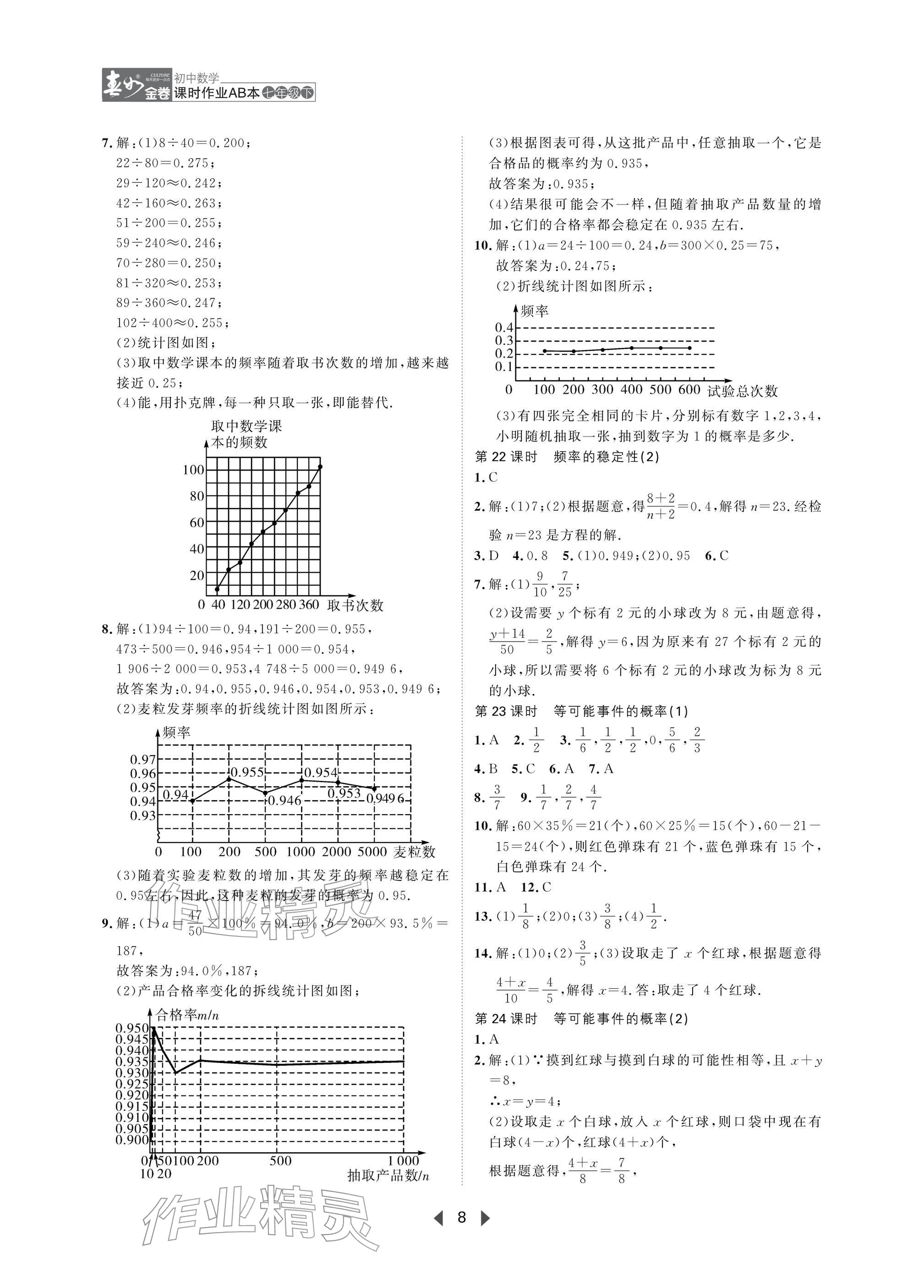 2026年春如金卷课时作业AB本七年级数学下册北师大版&nbsp;参考答案第8页