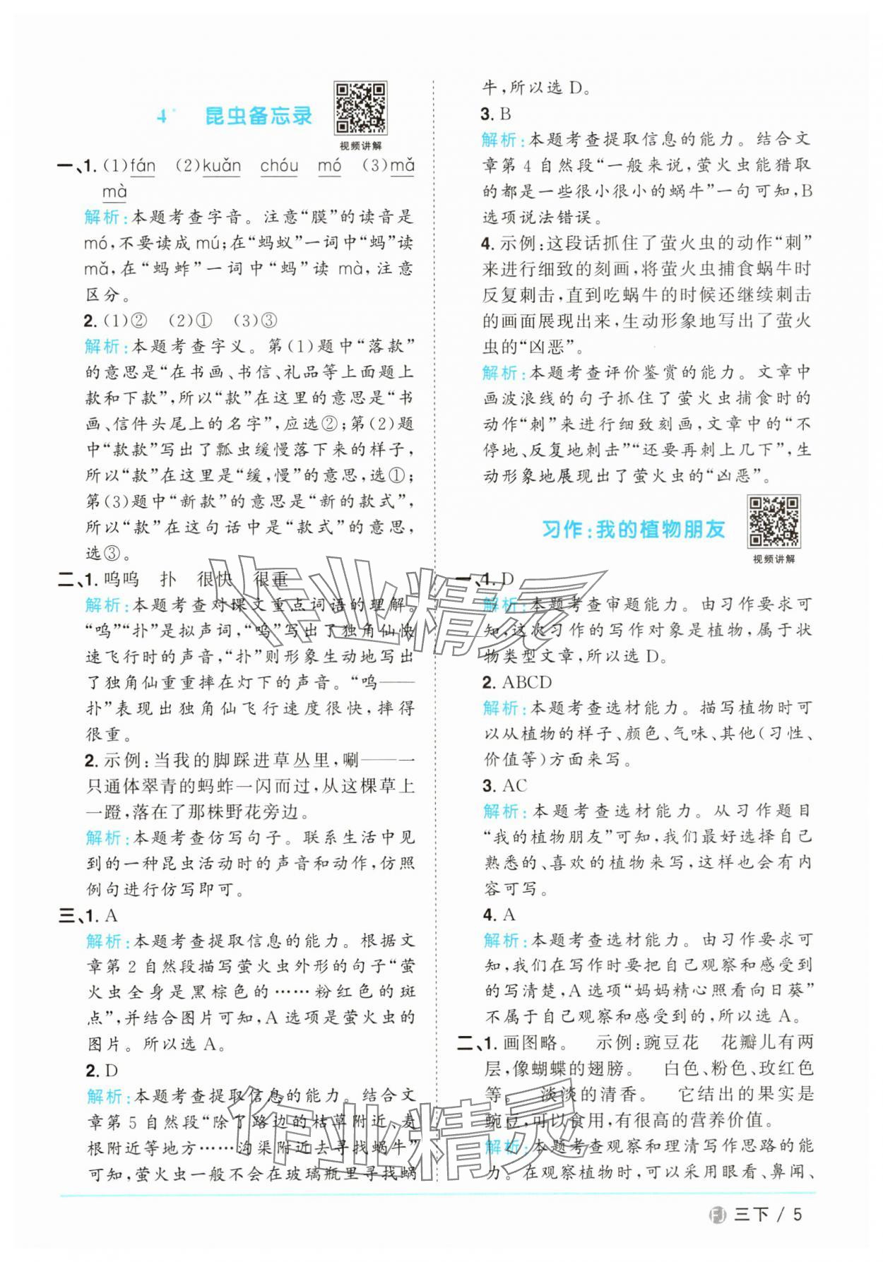 2025年阳光同学课时优化作业三年级语文下册人教版福建专版&nbsp;参考答案第5页