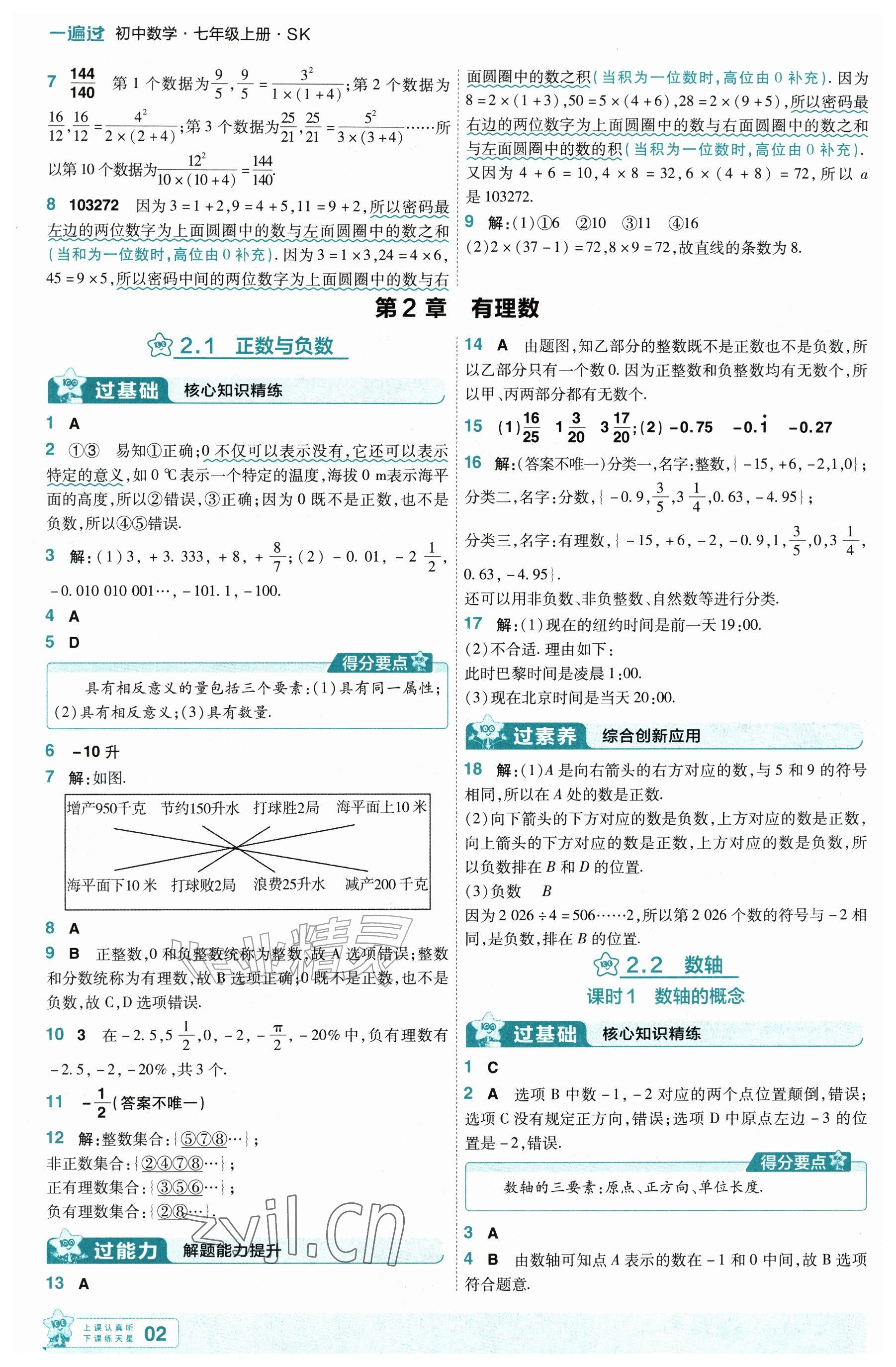 2026年一遍过七年级数学上册苏科版&nbsp;参考答案第2页