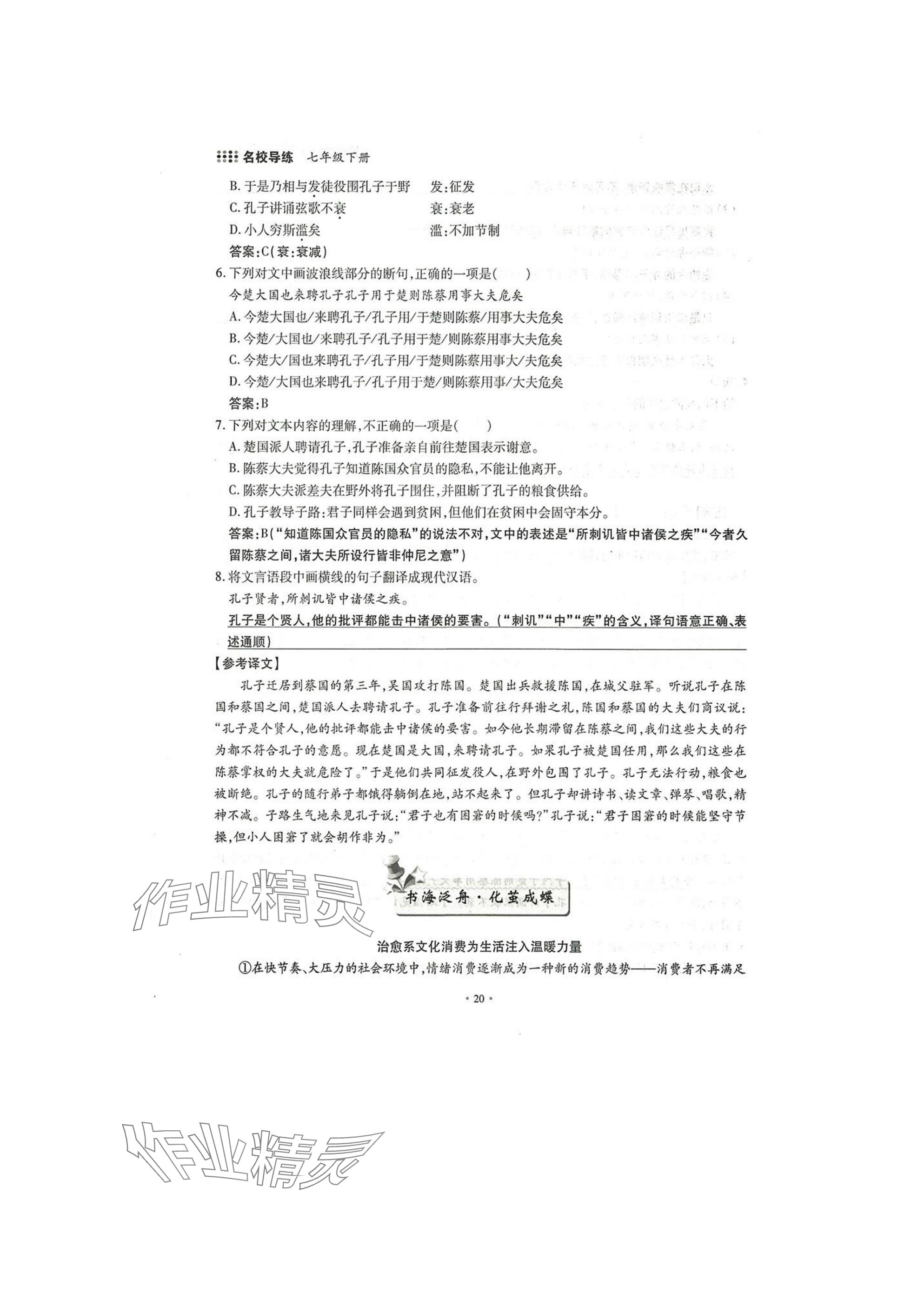2025年名校导练七年级语文下册人教版 参考答案第20页