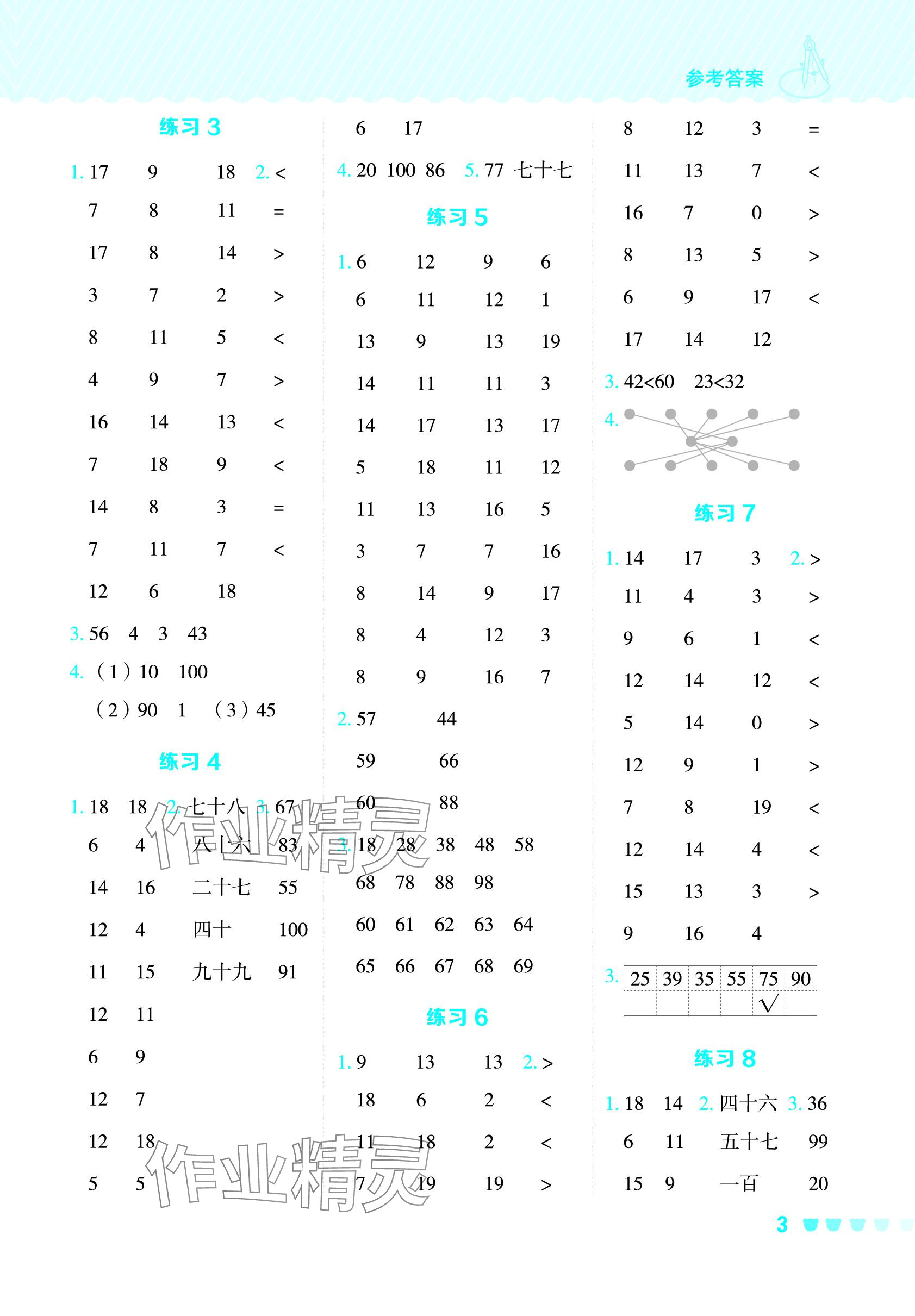 2024年星級口算天天練一年級數(shù)學(xué)下冊冀教版 參考答案第3頁