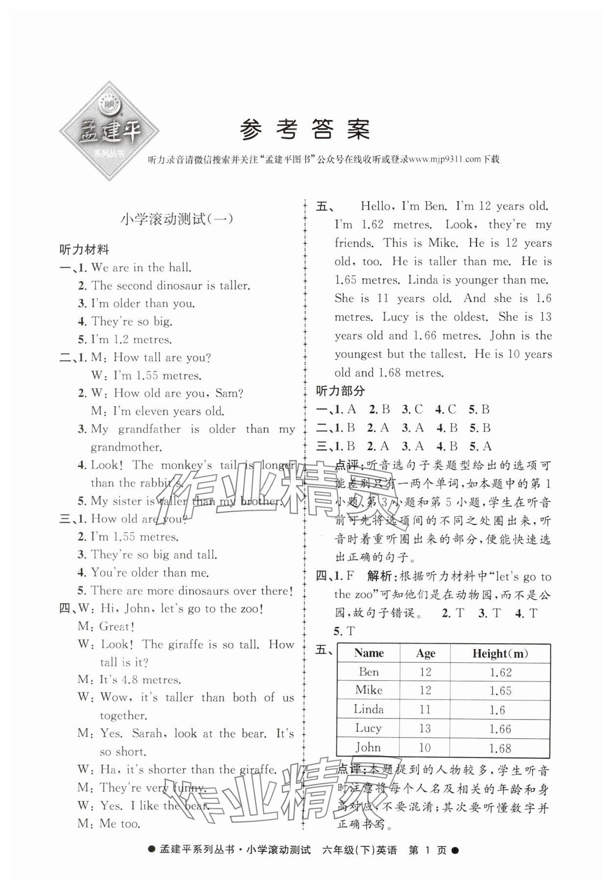 2025年孟建平小學(xué)滾動測試六年級英語下冊人教版 第1頁