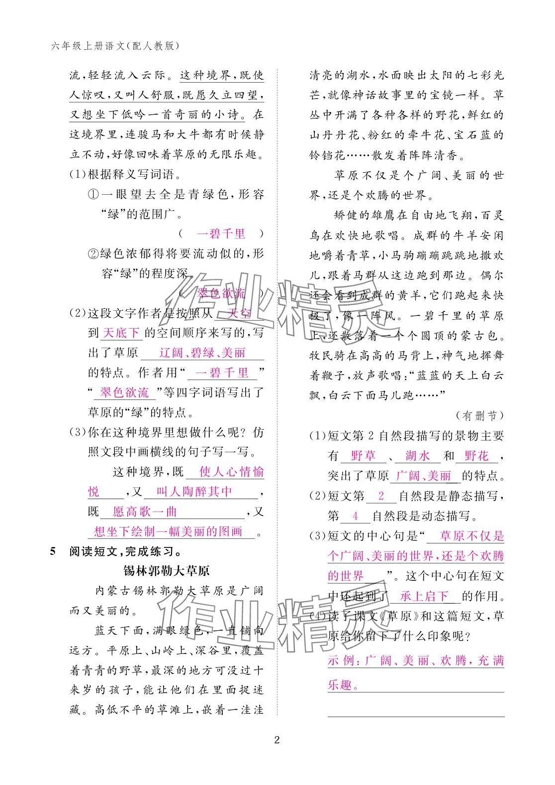 2025年作业本江西教育出版社六年级语文上册人教版 参考答案第2页
