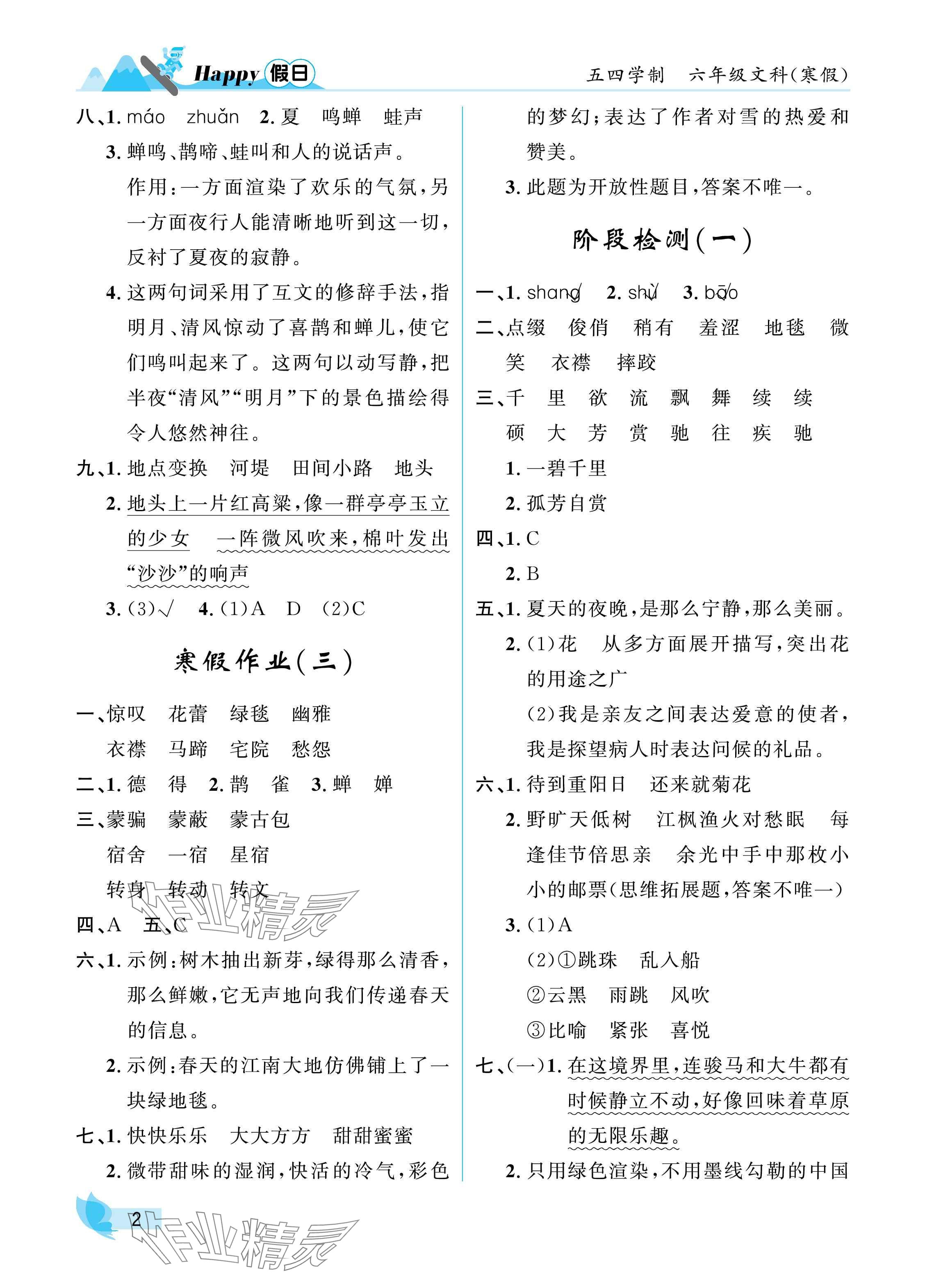 2025年寒假Happy假日六年級(jí)文科54制 參考答案第2頁