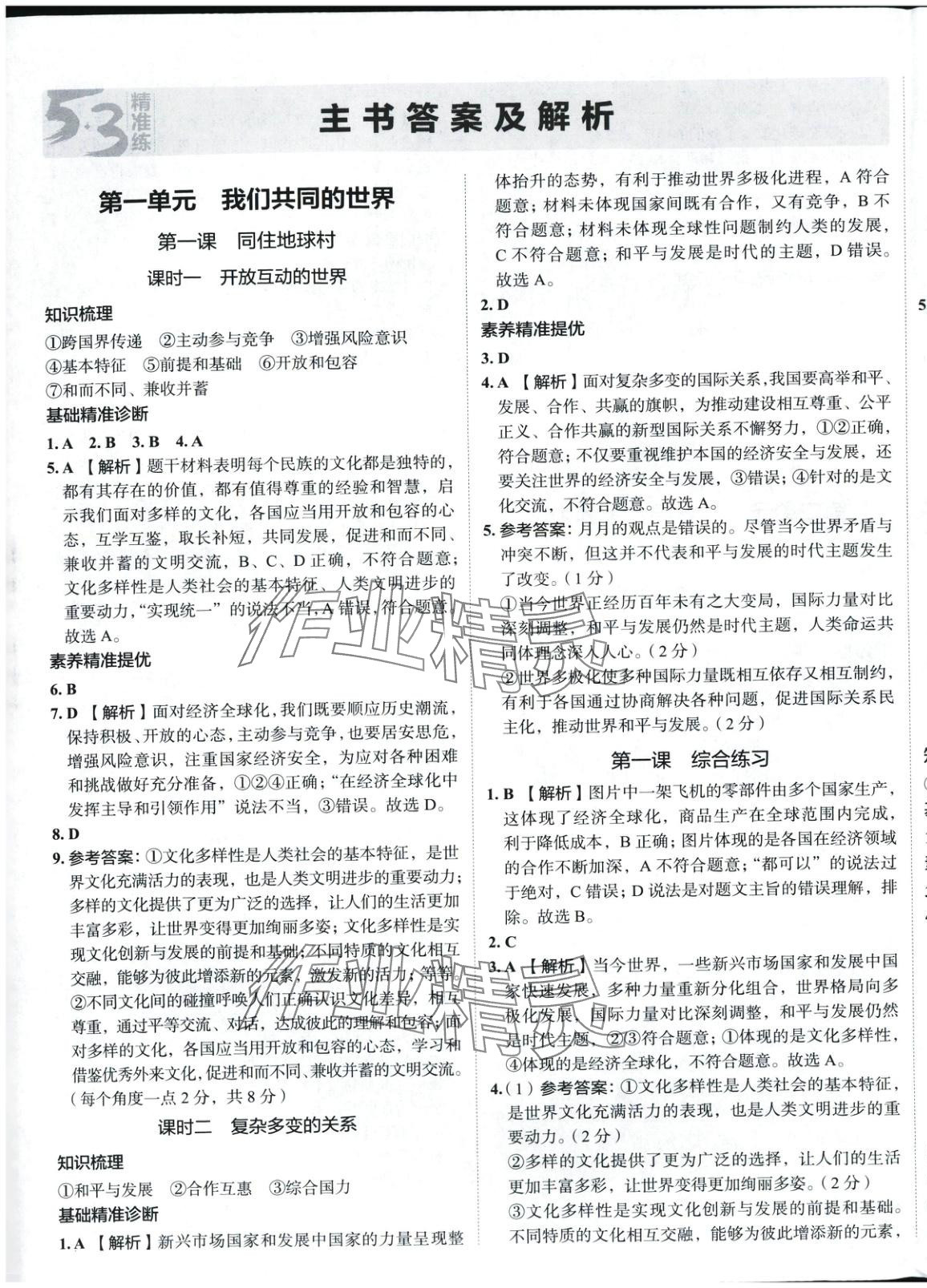 2025年53精準練九年級道德與法治下冊人教版山西專版 參考答案第1頁