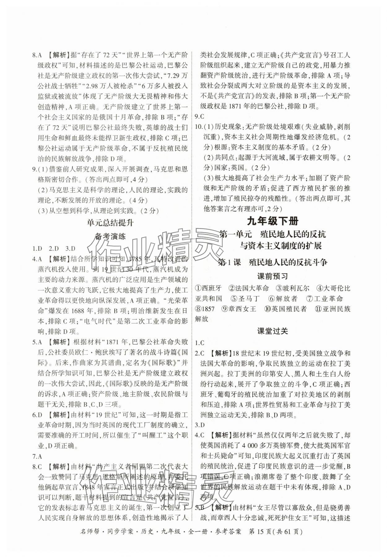 2025年名師幫同步學案九年級歷史全一冊人教版 參考答案第15頁