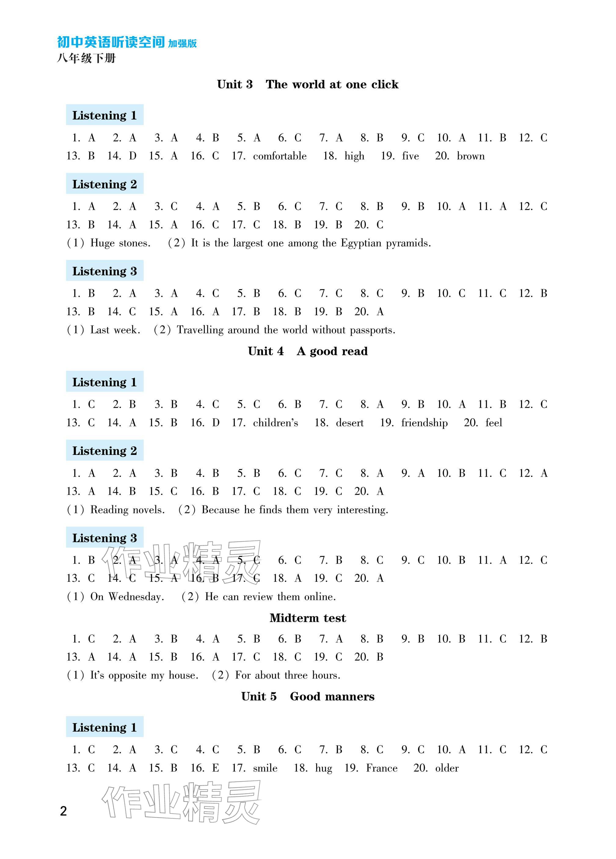 2026年初中英语听力与阅读八年级下册译林版&nbsp;参考答案第2页