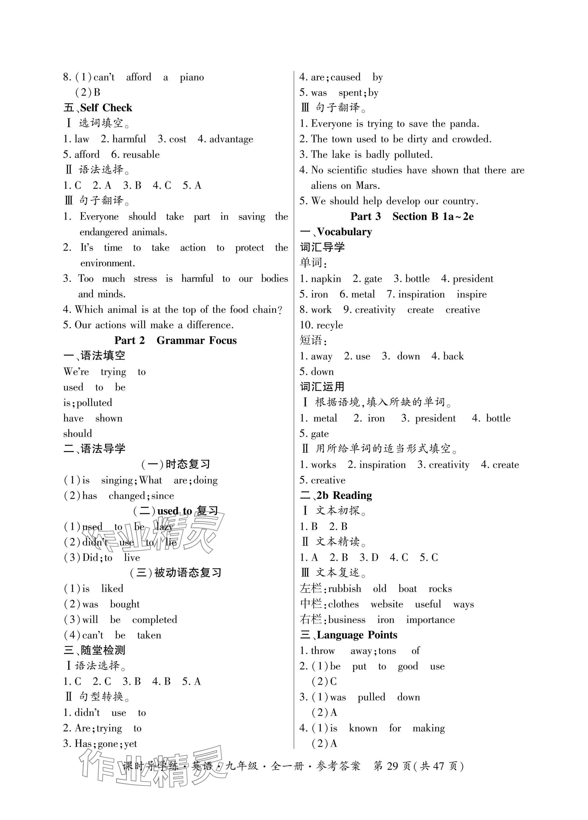 2024年課時導(dǎo)學(xué)練九年級英語全一冊人教版廣東專版 參考答案第29頁