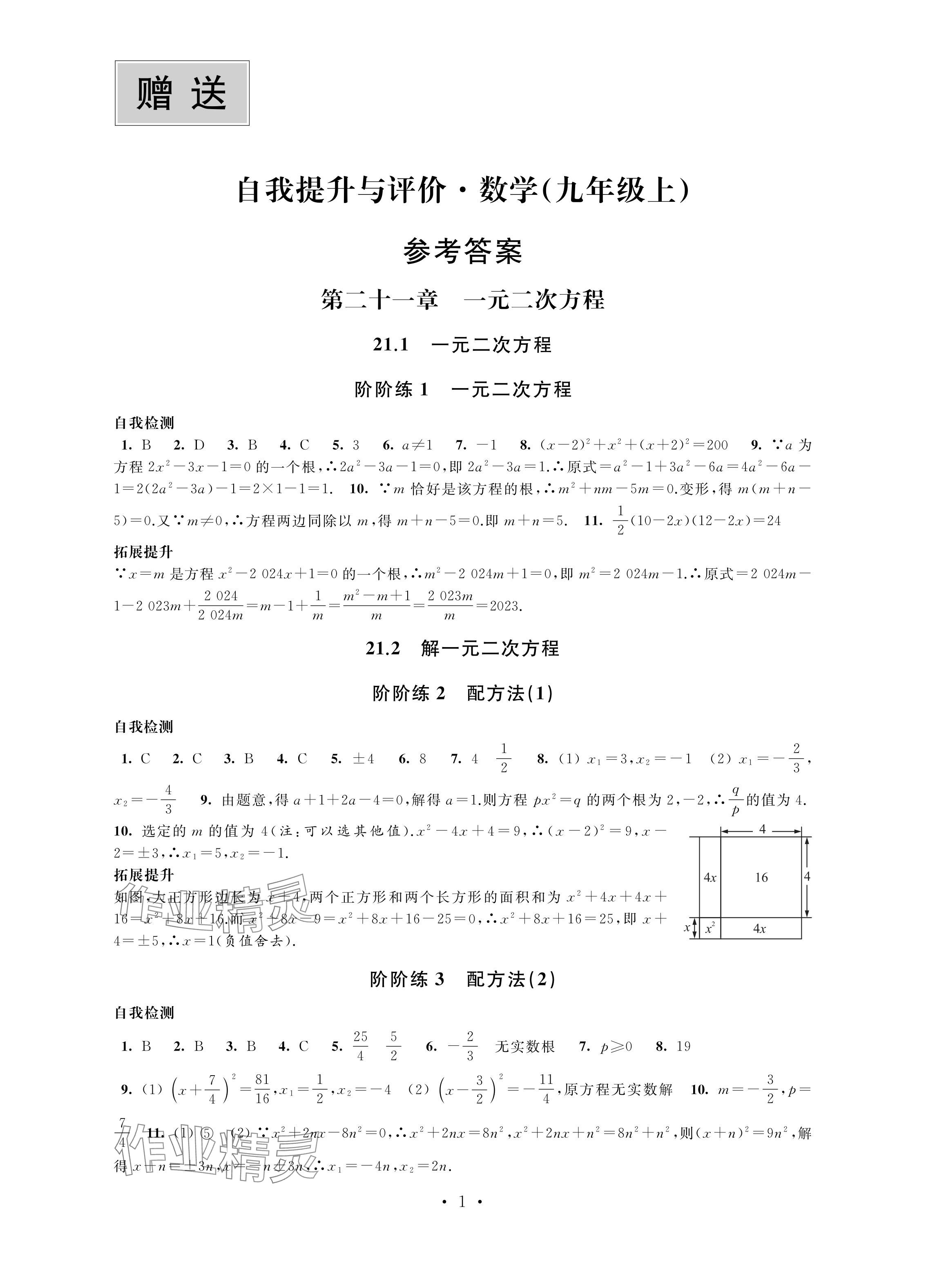 2024年自我提升與評價九年級數(shù)學(xué)上冊人教版 參考答案第1頁