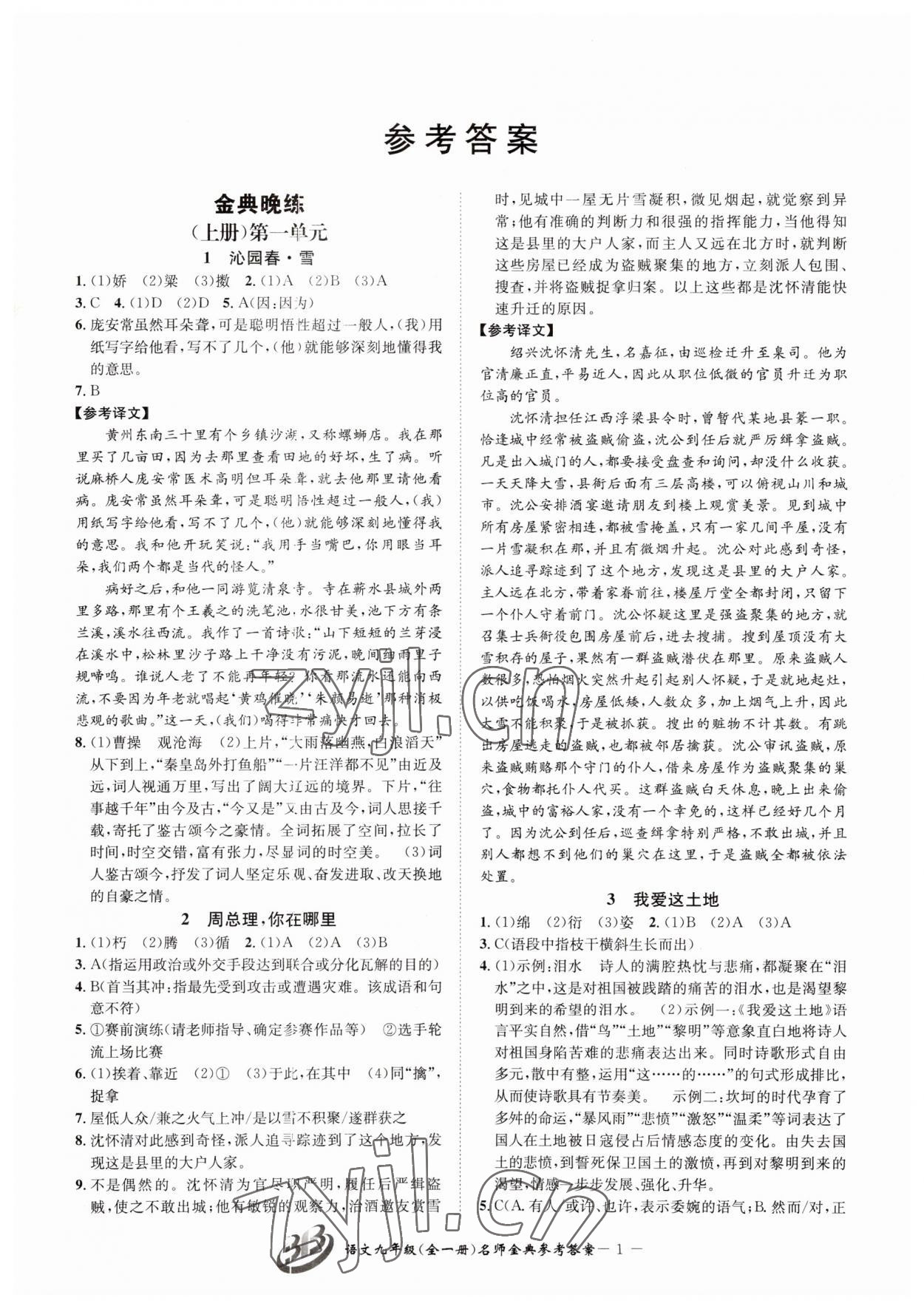 2023年名師金典BFB初中課時優(yōu)化九年級語文全一冊人教版 參考答案第12頁