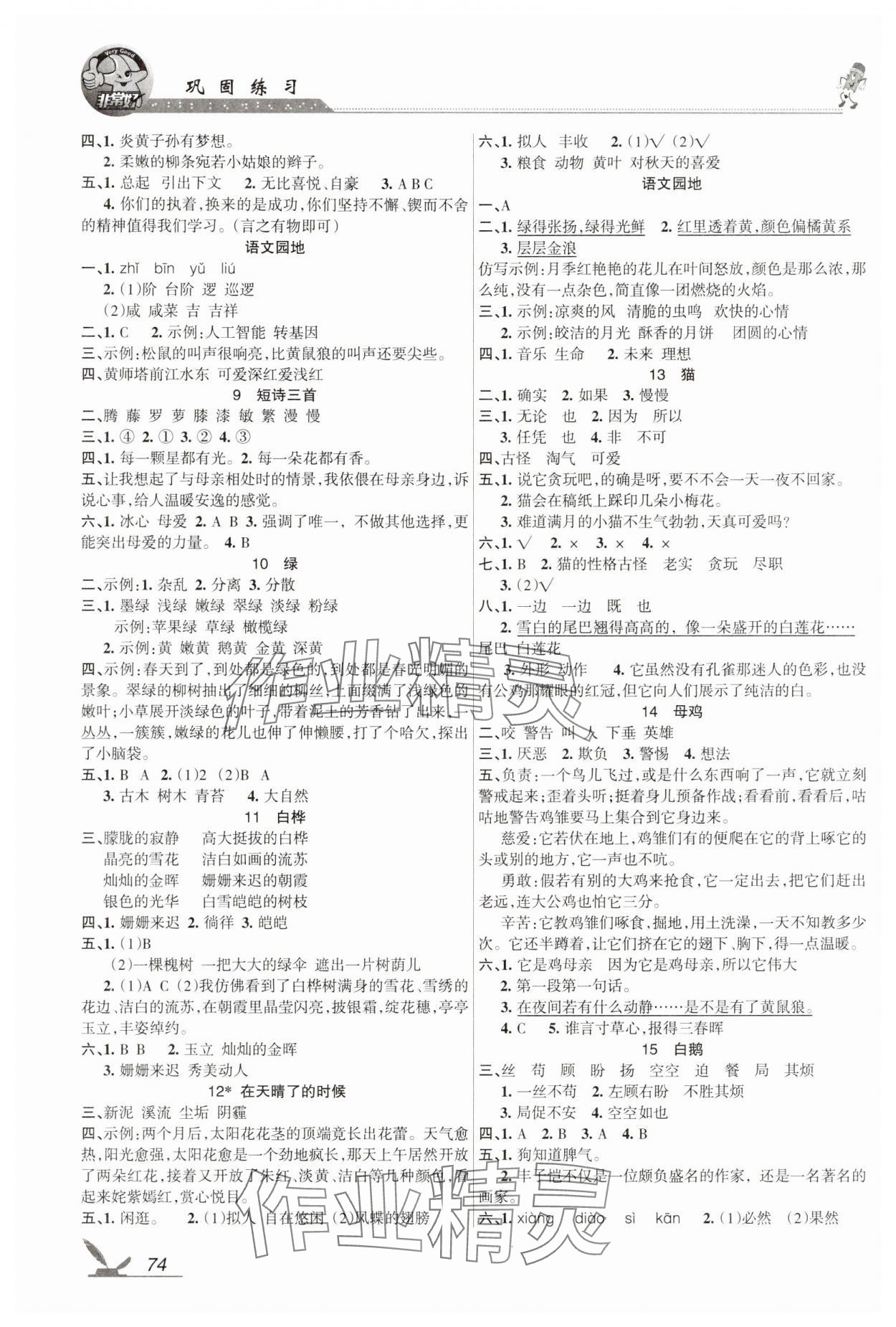 2025年全新巩固练习四年级语文下册人教版 参考答案第2页
