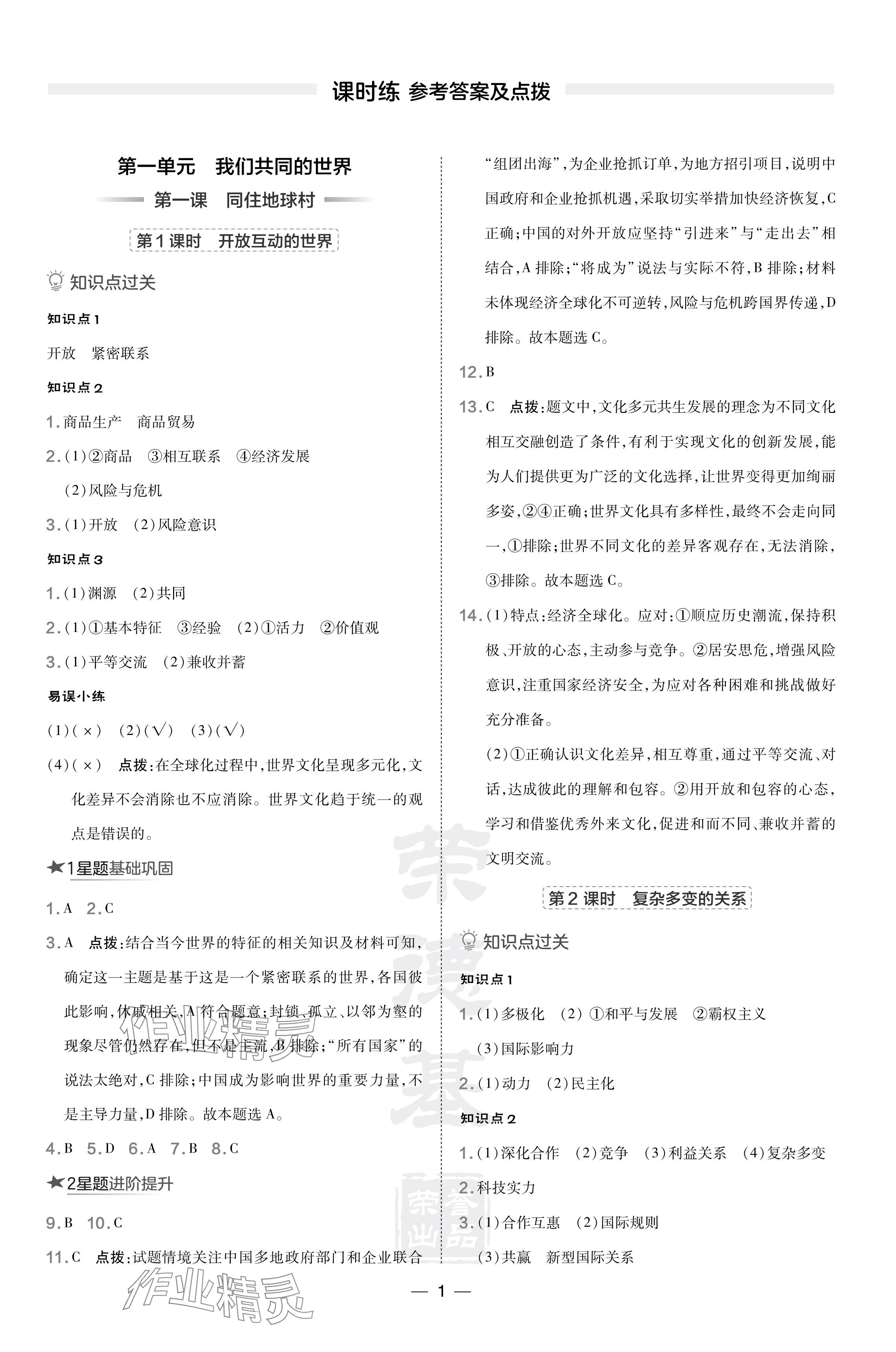 2024年點撥訓練九年級道德與法治下冊人教版 參考答案第1頁