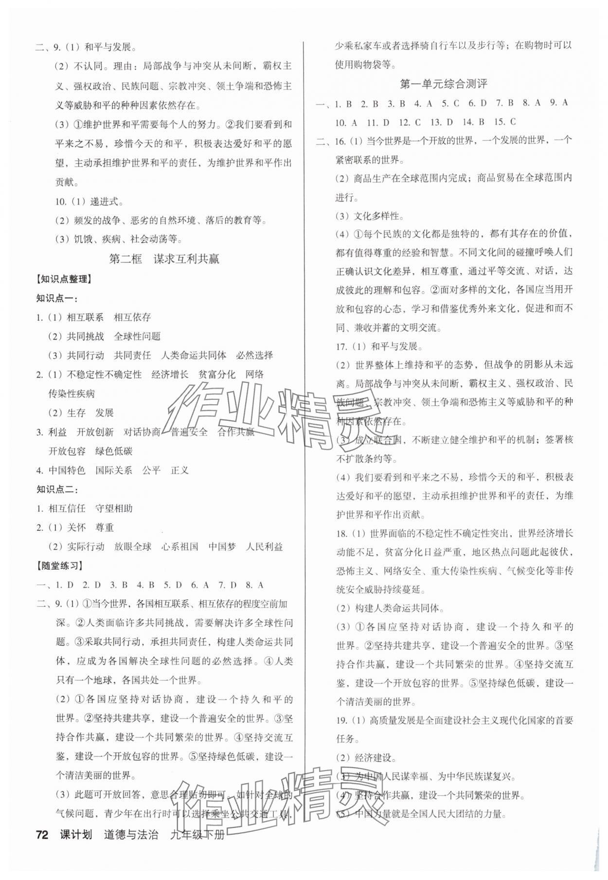 2025年全優(yōu)點練課計劃九年級道德與法治下冊人教版 第2頁