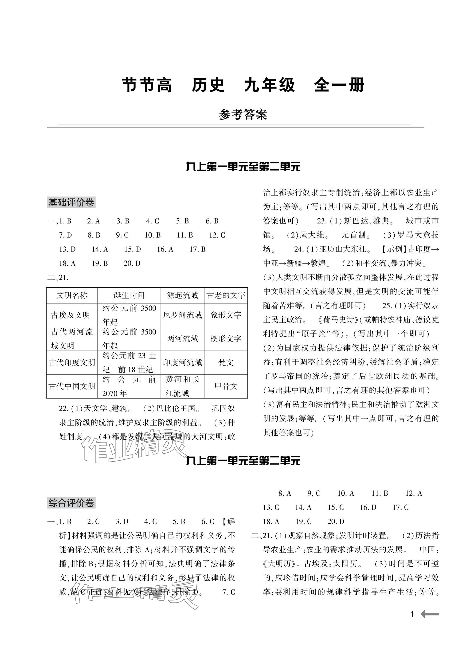 2025年节节高大象出版社九年级历史全一册人教版 参考答案第1页