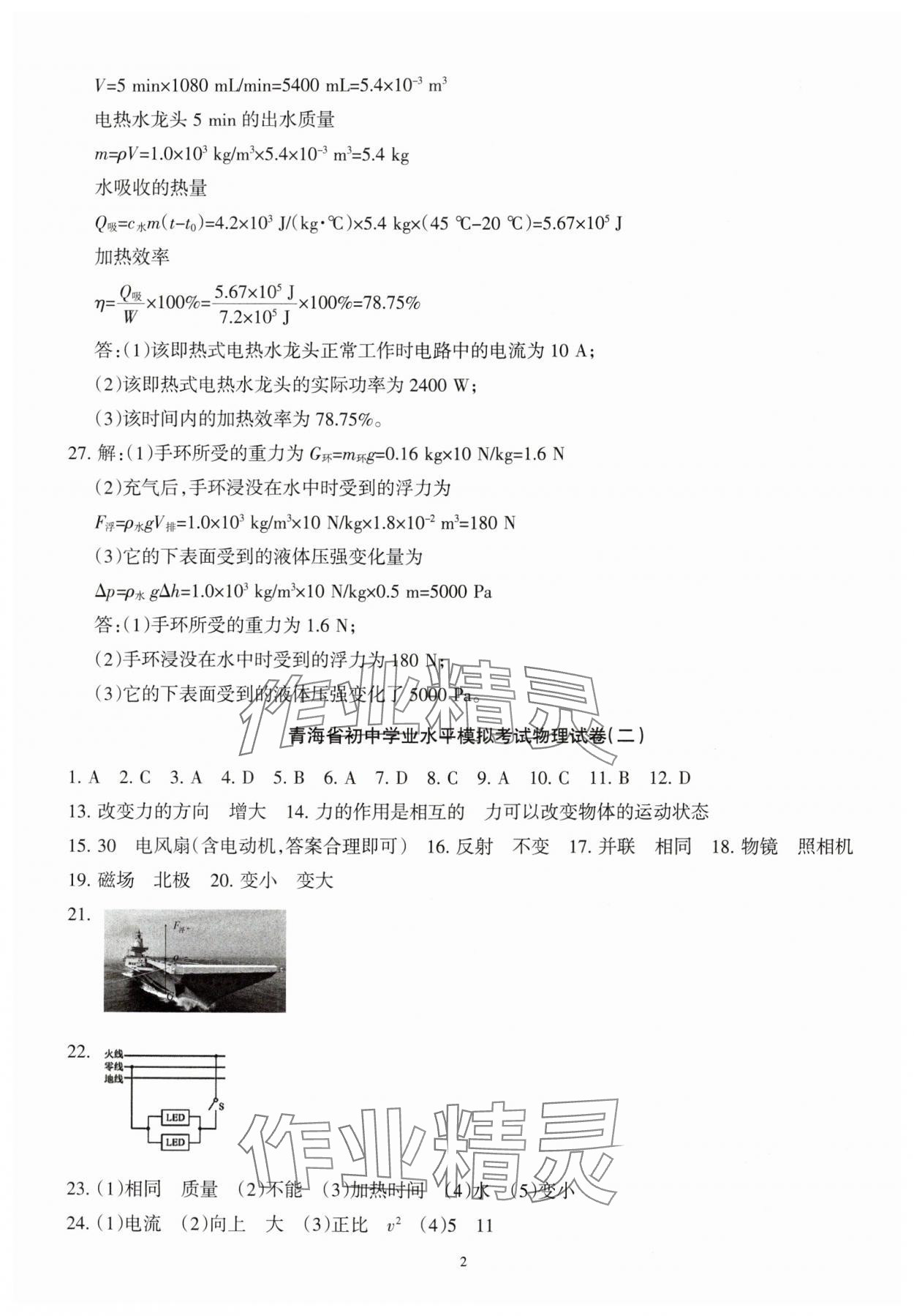 2025年青海省初中學業水平考試模擬試卷物理 參考答案第2頁