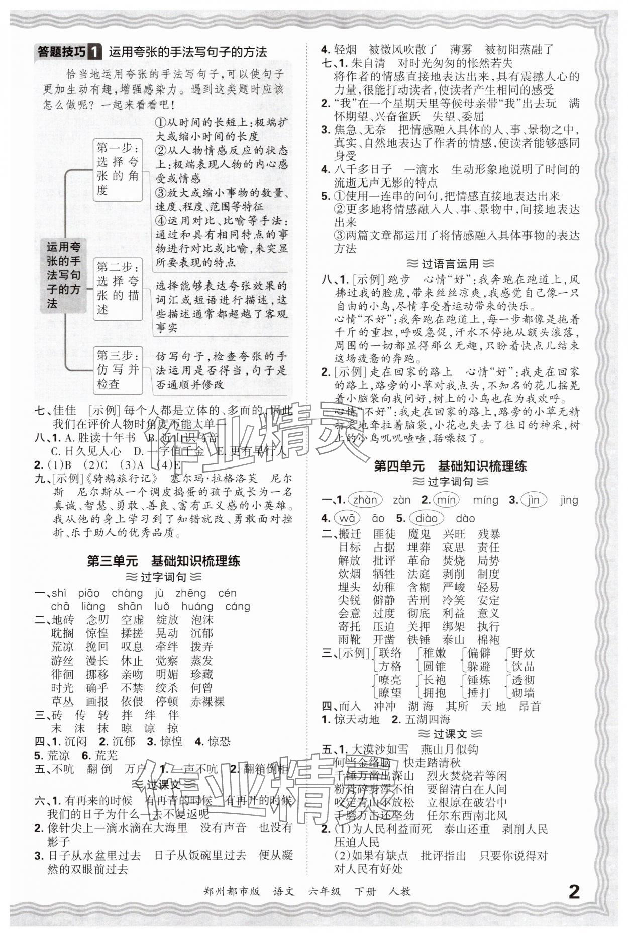 2025年王朝霞期末真题精编六年级语文下册人教版郑州专版 参考答案第2页