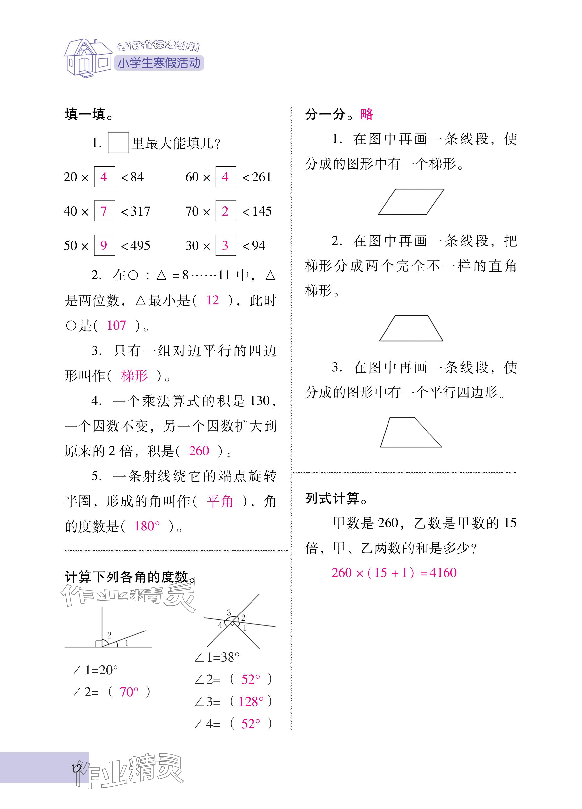2025年云南省标准教辅寒假活动四年级数学人教版 参考答案第12页