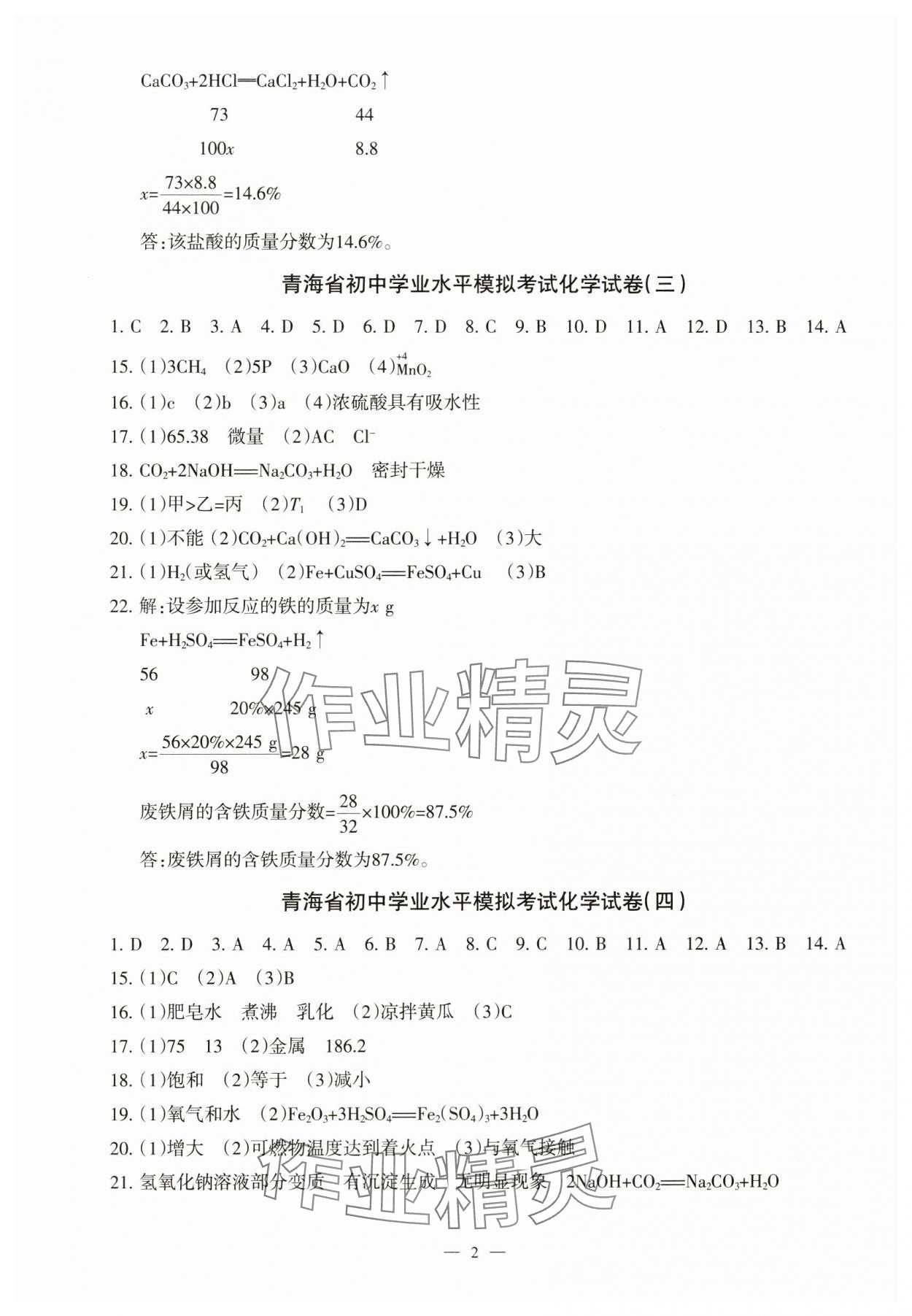 2024年青海省初中學業水平考試模擬試卷化學 第2頁