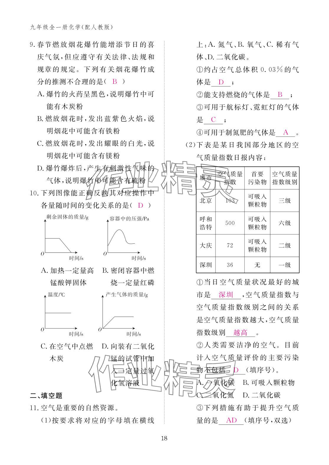 2025年作业本江西教育出版社九年级化学全一册人教版 参考答案第18页