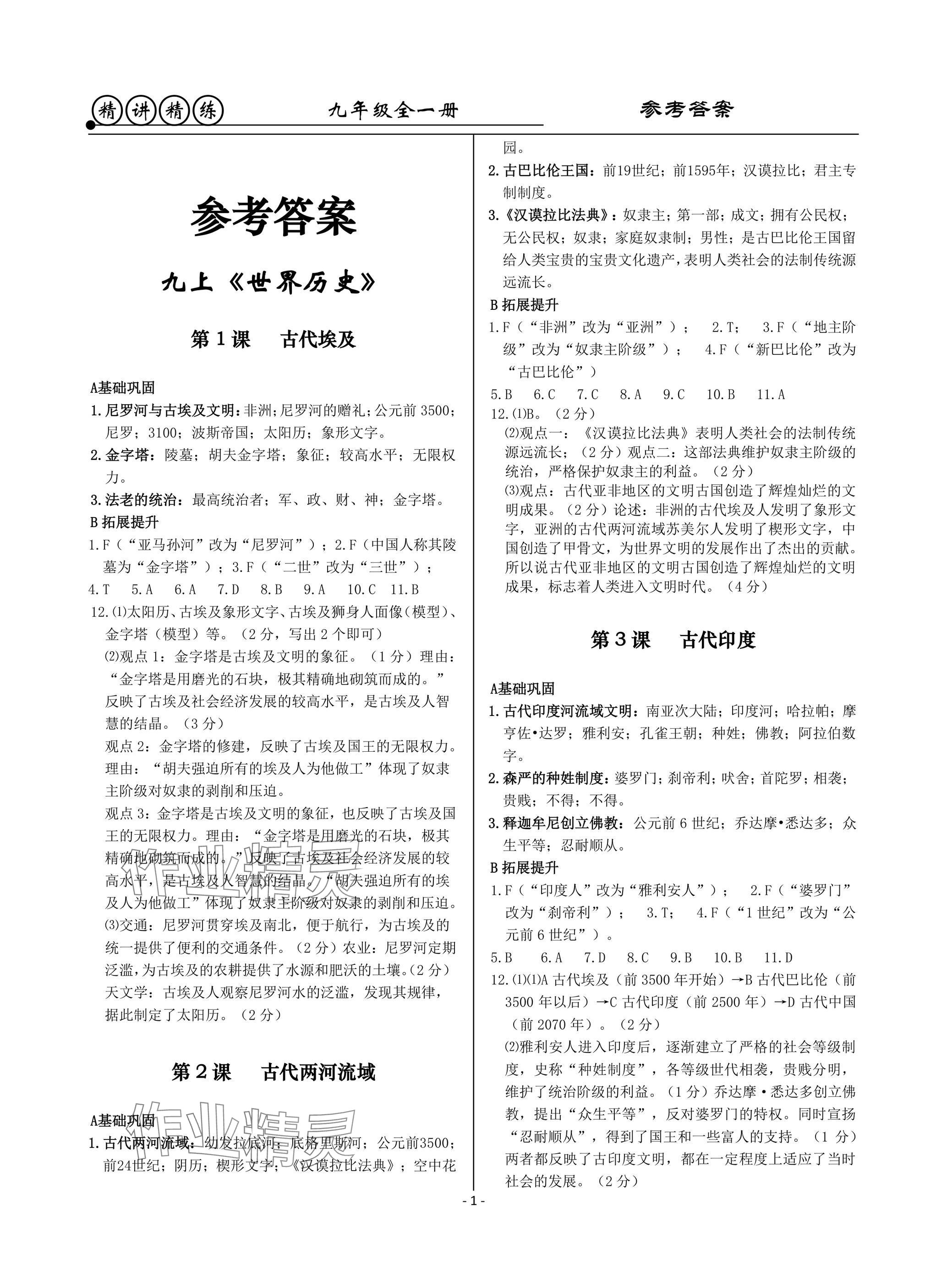 2025年精讲精练九年级历史全一册人教版 参考答案第1页