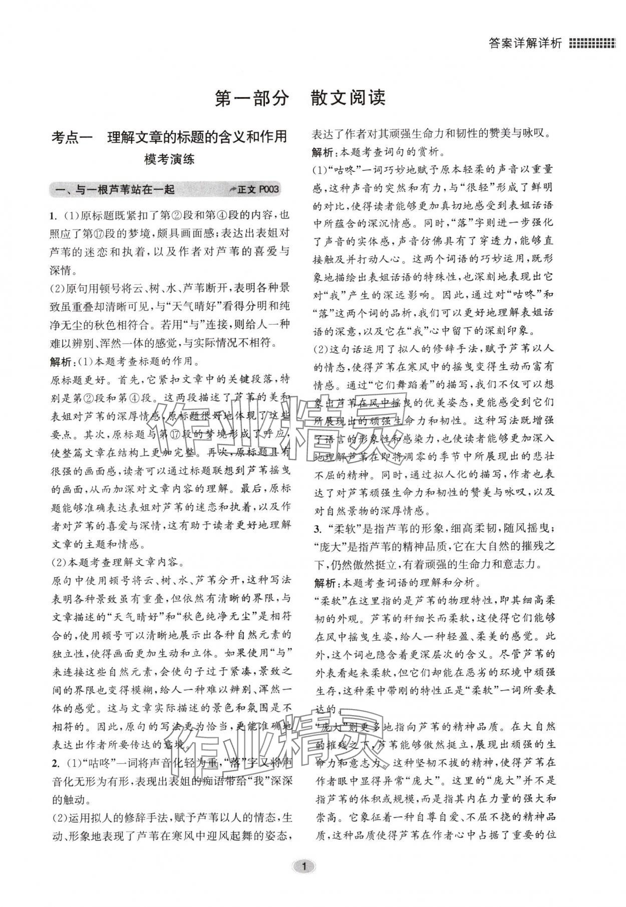 2024年初中現(xiàn)代文閱讀專題集訓九年級語文人教版 參考答案第1頁