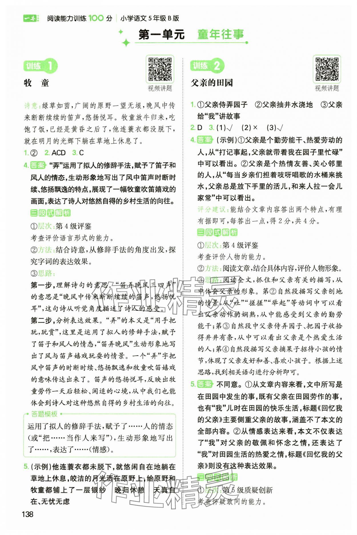 2025年一本阅读能力训练100分五年级语文人教B版福建专版 参考答案第1页