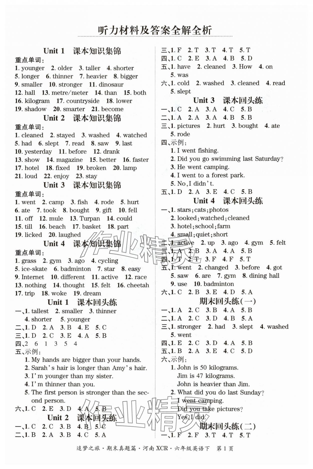 2024年追夢之旅小學期末真題篇六年級英語下冊人教版河南專版 參考答案第1頁