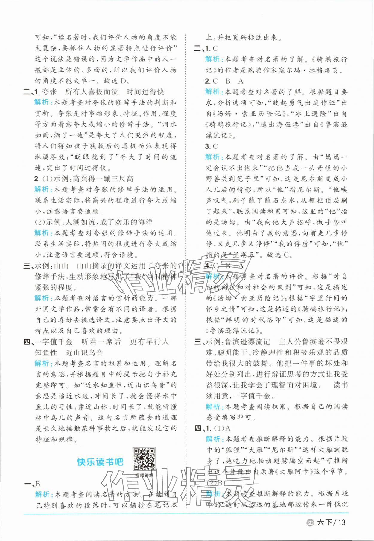 2025年阳光同学课时优化作业六年级语文下册人教版菏泽专版 参考答案第13页