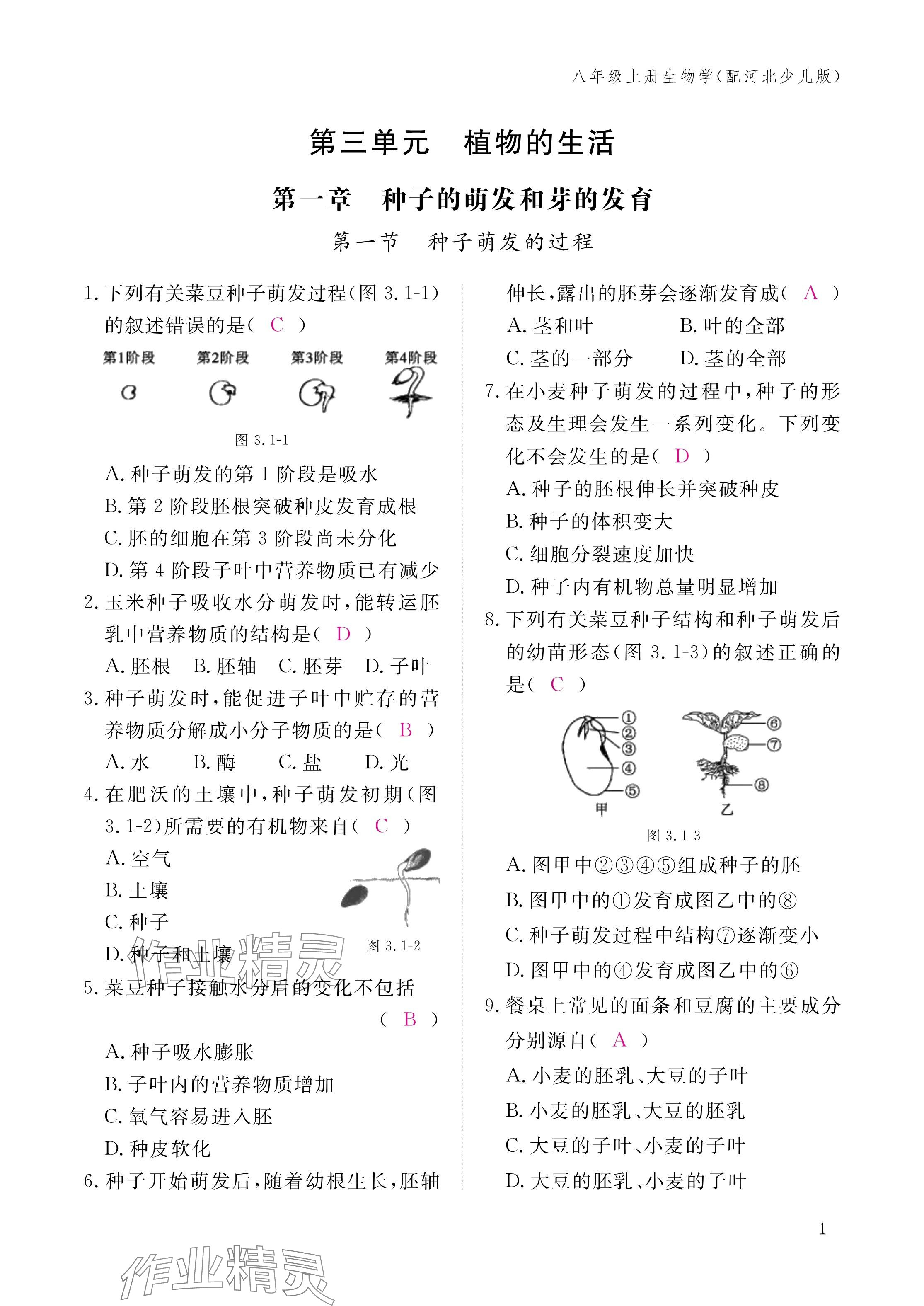 2024年作业本江西教育出版社八年级生物上册冀少版 第1页