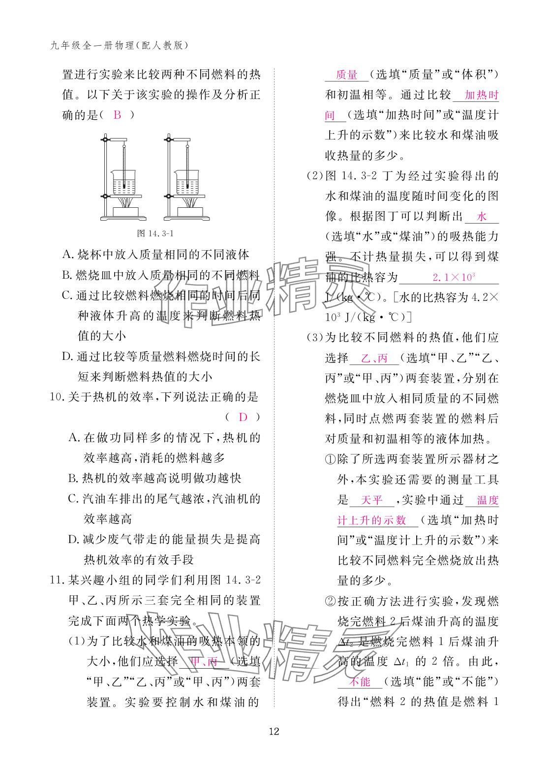 2025年作業(yè)本江西教育出版社九年級(jí)物理全一冊(cè)人教版 參考答案第12頁