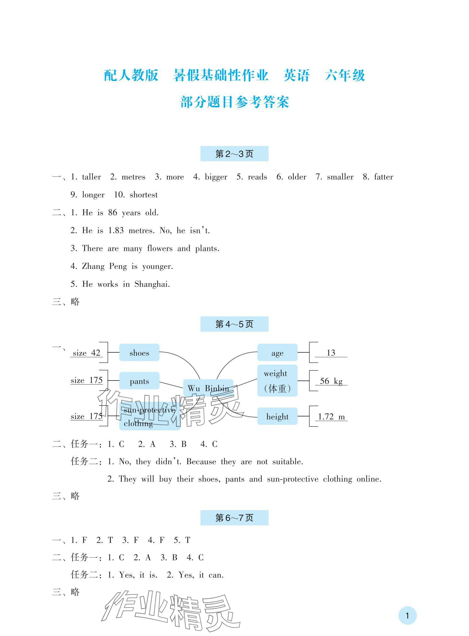 2024年暑假基础性作业六年级英语人教版 参考答案第1页