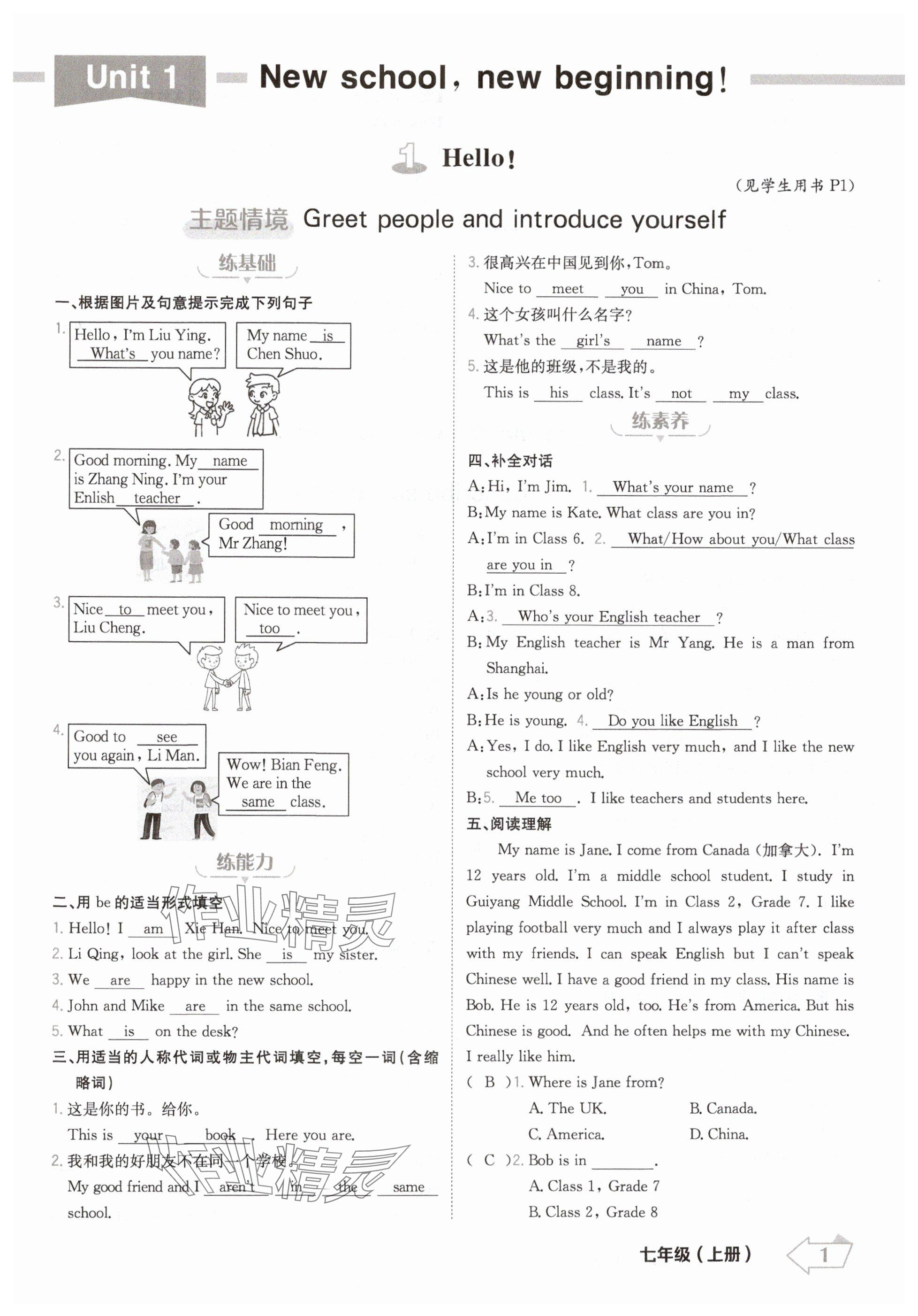 2024年金牌學練測七年級英語上冊冀教版 參考答案第1頁